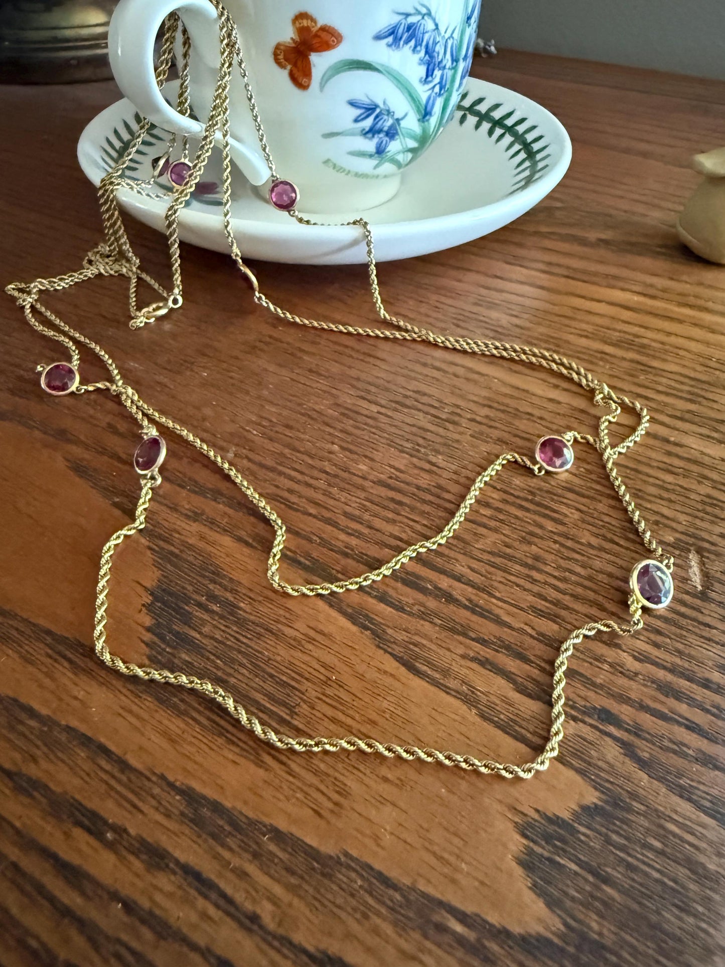 Victorian X Long Antique GARNET Station Chain Guard 67 Inch (!) 5.5 FEET 22g 14k GOLD Necklace Berry Pink Purple Neckmess Body Chain Gift