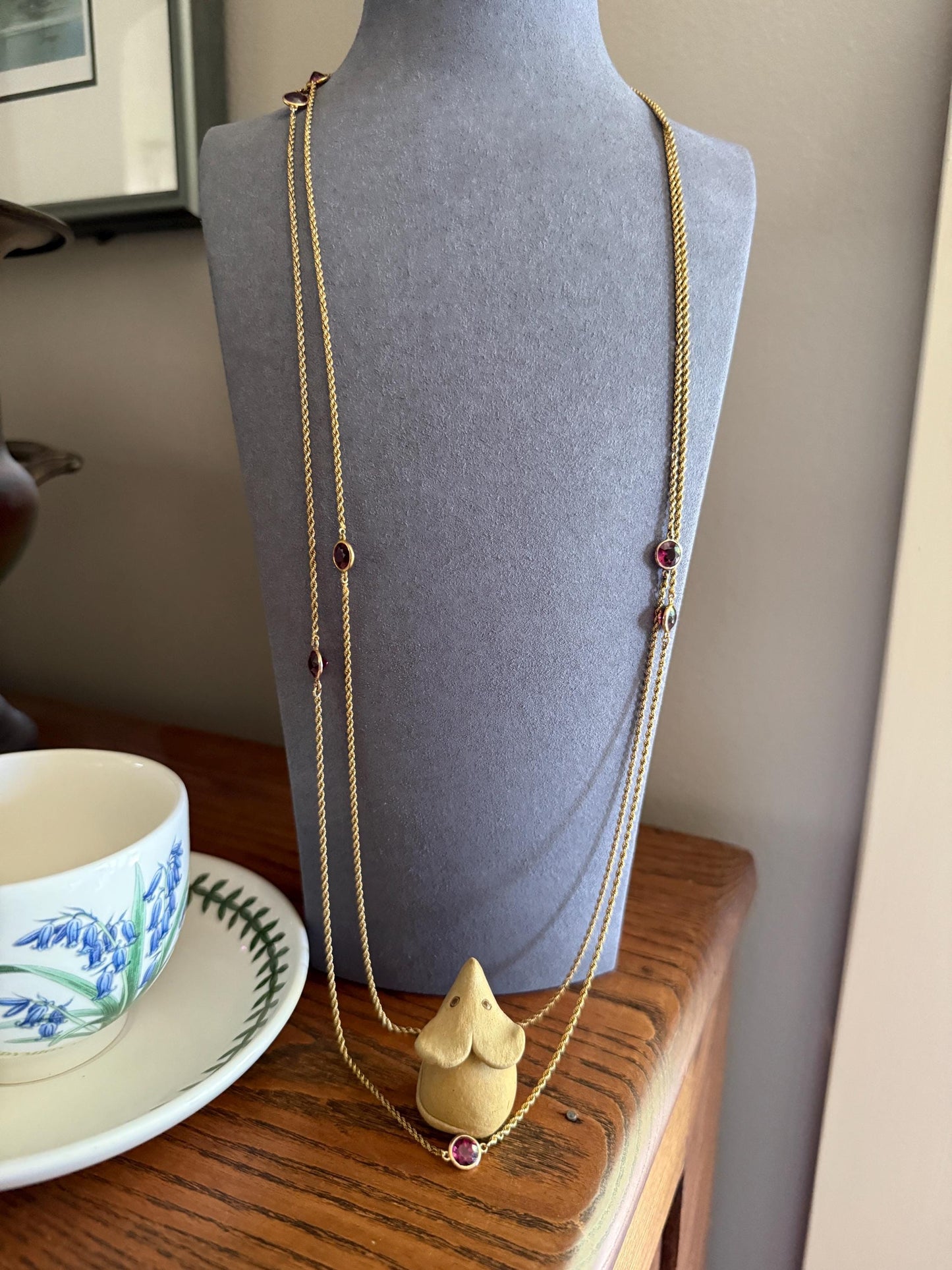 Victorian X Long Antique GARNET Station Chain Guard 67 Inch (!) 5.5 FEET 22g 14k GOLD Necklace Berry Pink Purple Neckmess Body Chain Gift
