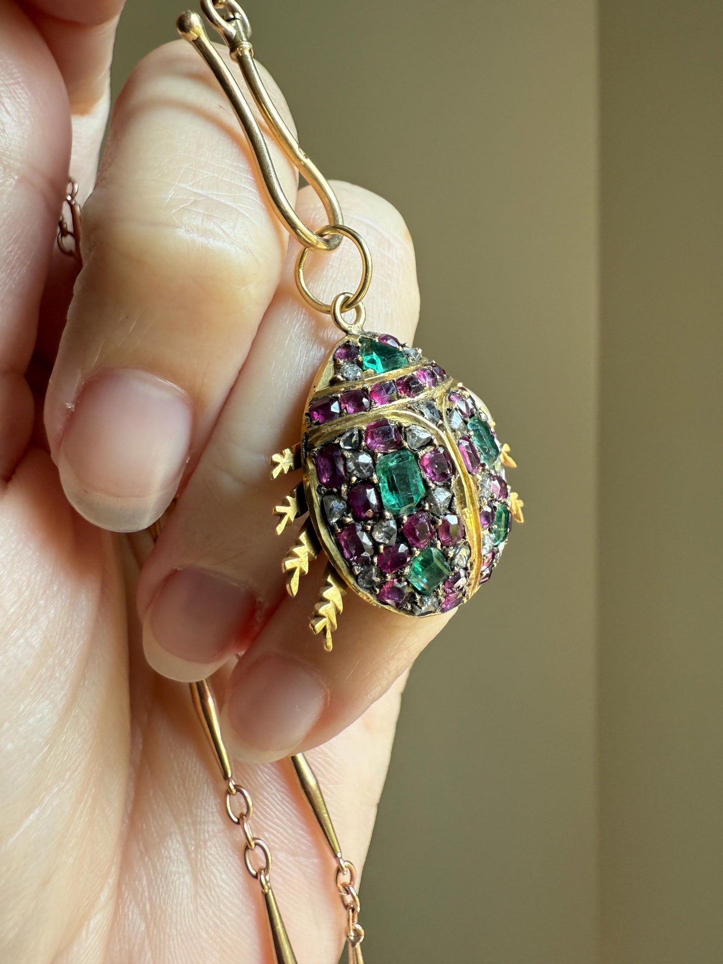 LADYBUG Large Antique Beetle Scarab Ruby Diamond Emerald Encrusted 14k Gold 3D Figural Pendant Domed Colorful Vintage Chunky Sparkle Green