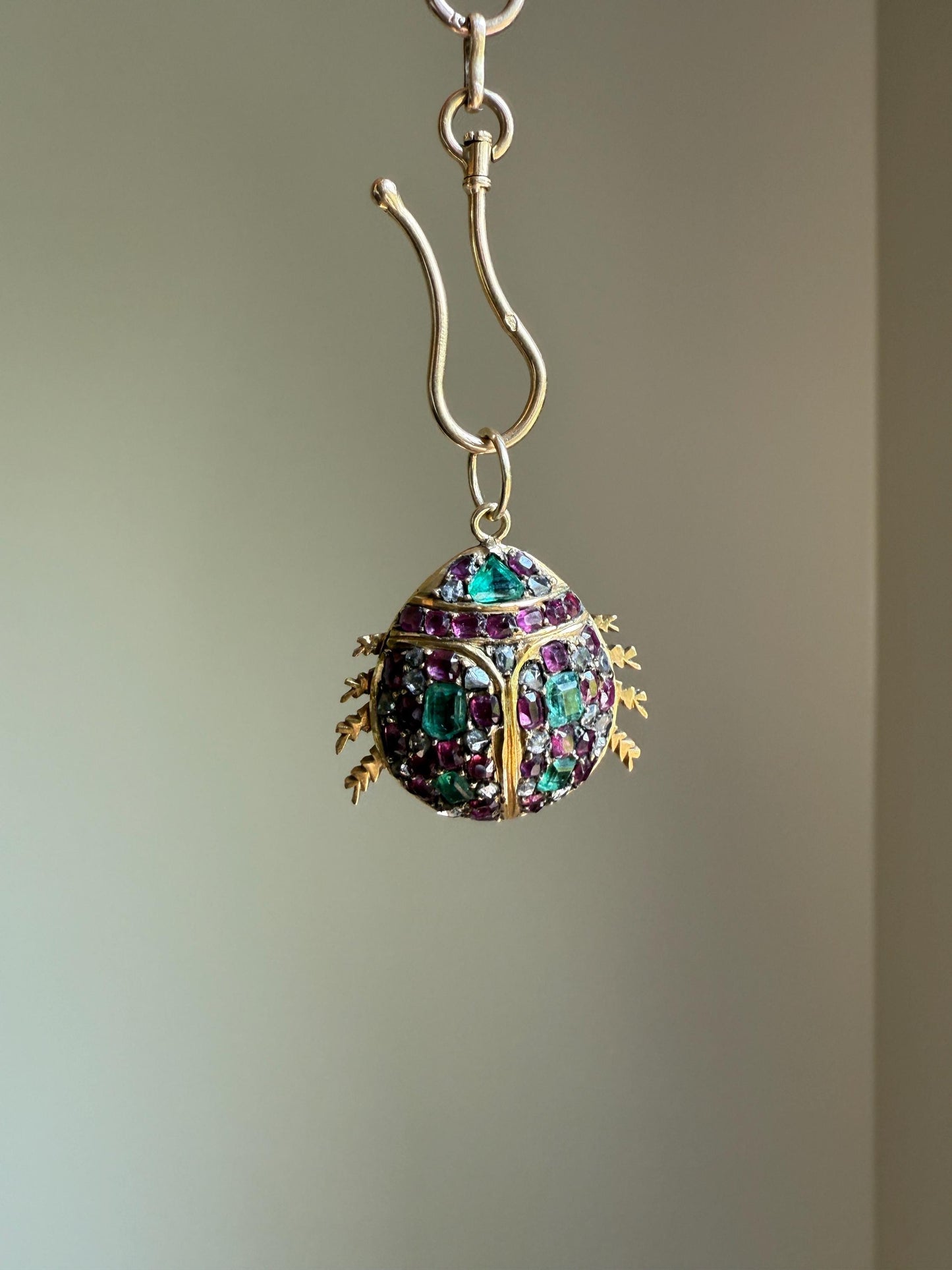 LADYBUG Large Antique Beetle Scarab Ruby Diamond Emerald Encrusted 14k Gold 3D Figural Pendant Domed Colorful Vintage Chunky Sparkle Green