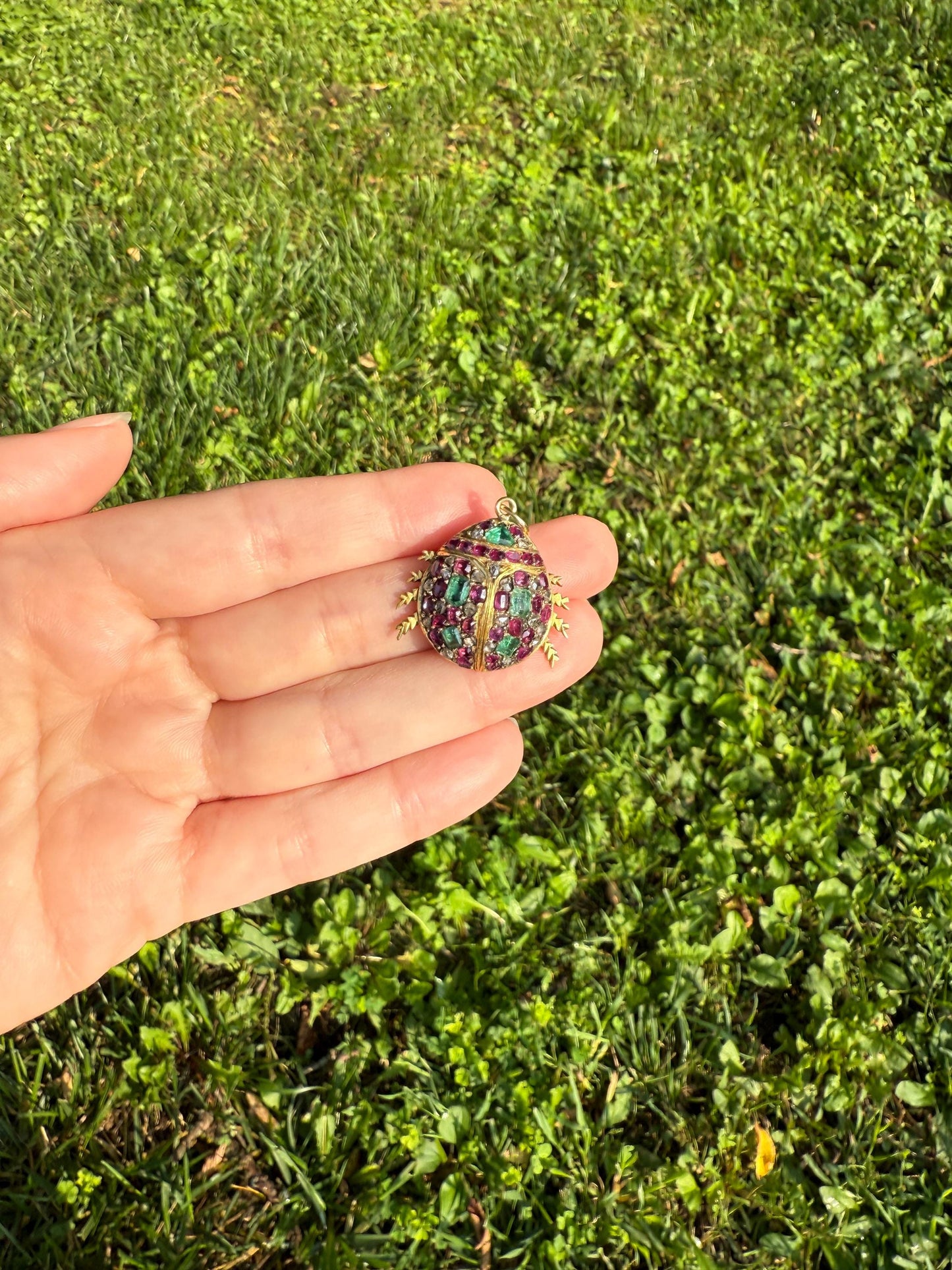 LADYBUG Large Antique Beetle Scarab Ruby Diamond Emerald Encrusted 14k Gold 3D Figural Pendant Domed Colorful Vintage Chunky Sparkle Green