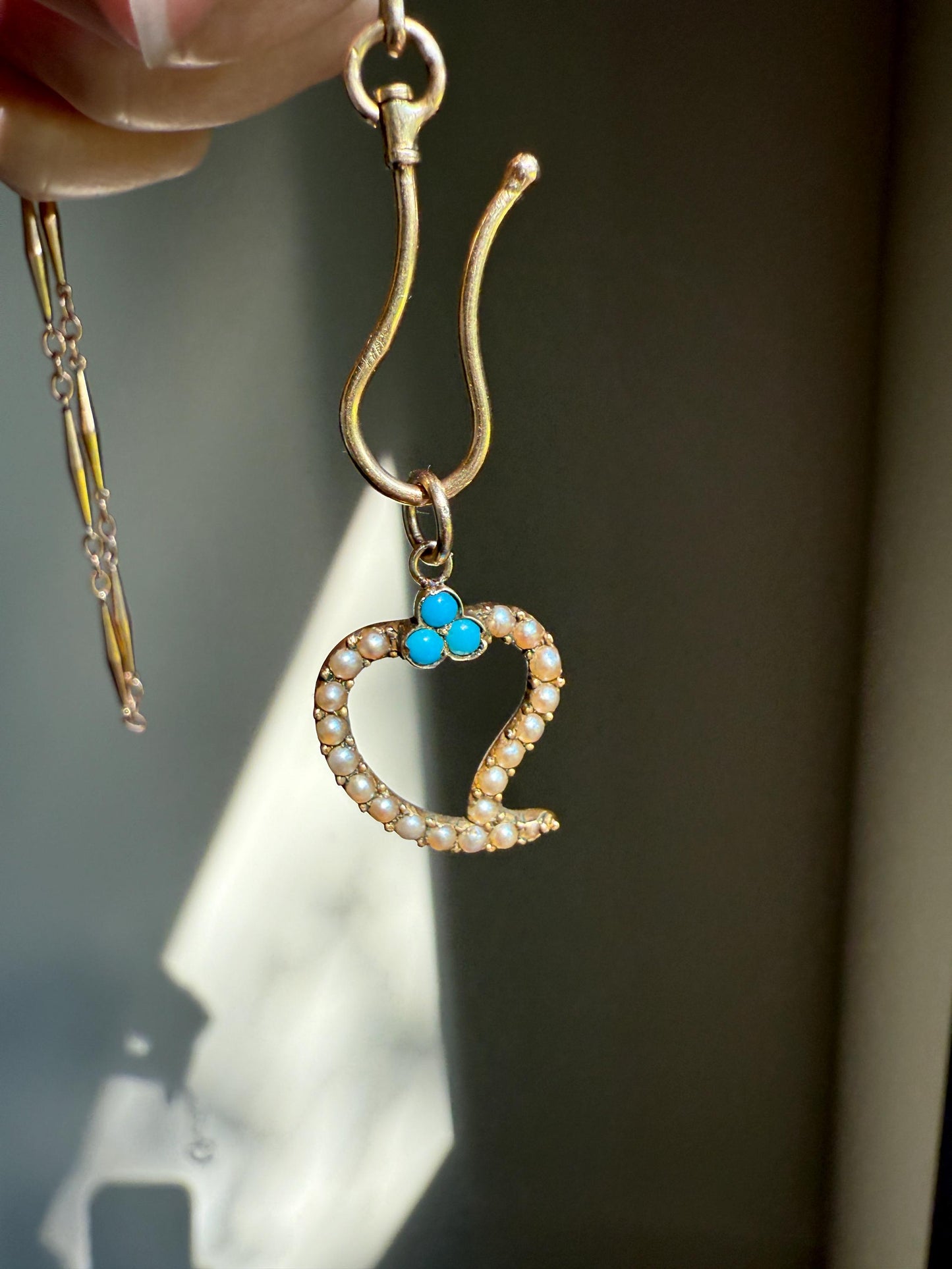 WITCH's HEART Figural 15k Gold Pearl Turquoise Pendant 14k Gold Loops Victorian Antique White Blue Trefoil Clover Top Love Token Luck Charm