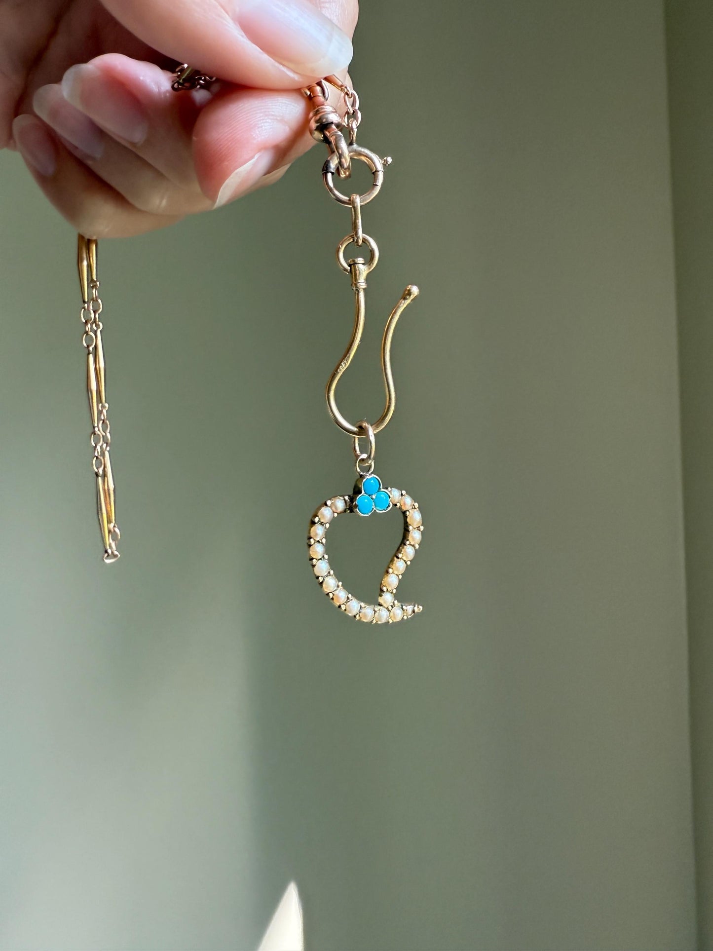 WITCH's HEART Figural 15k Gold Pearl Turquoise Pendant 14k Gold Loops Victorian Antique White Blue Trefoil Clover Top Love Token Luck Charm