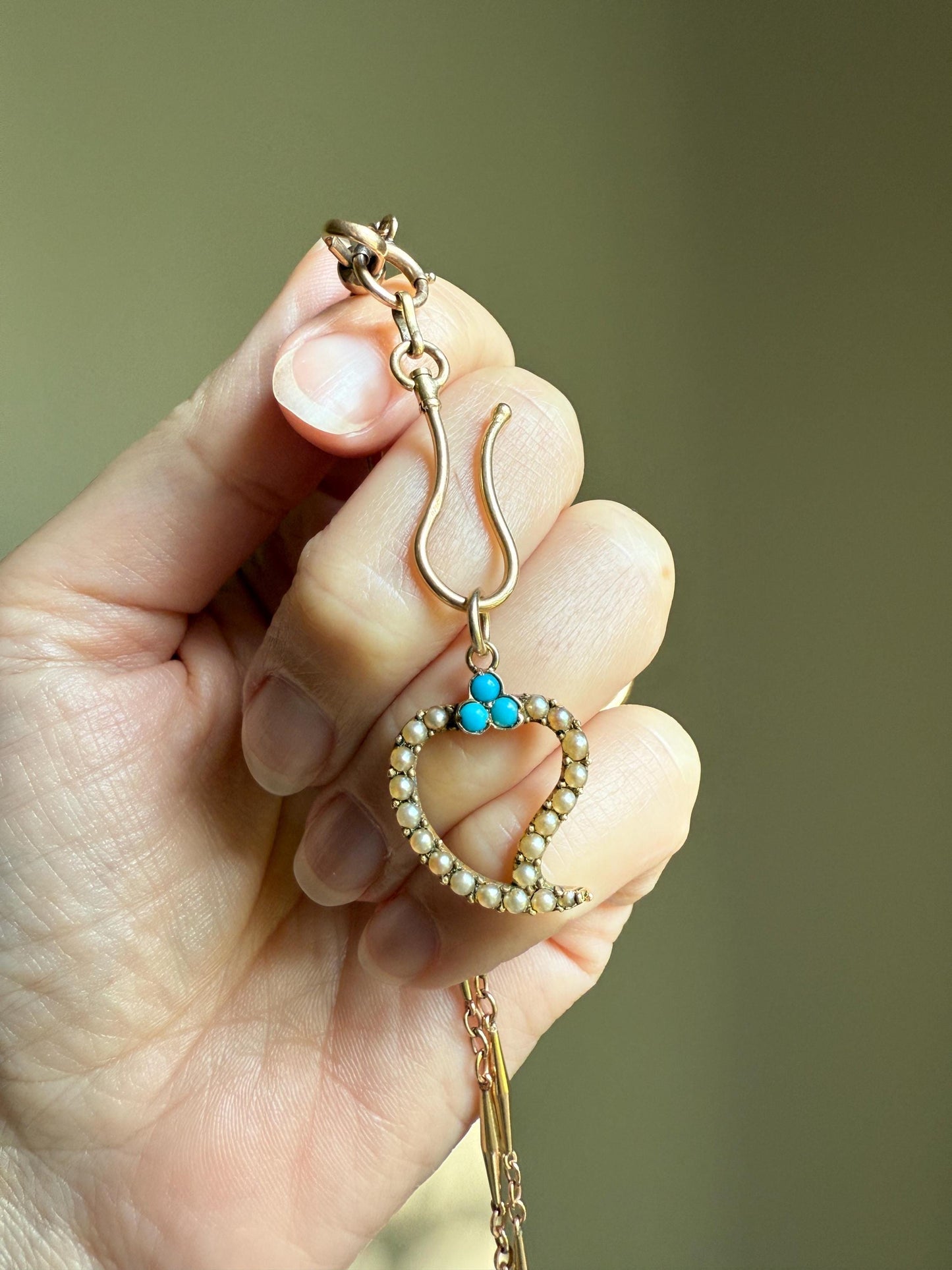 WITCH's HEART Figural 15k Gold Pearl Turquoise Pendant 14k Gold Loops Victorian Antique White Blue Trefoil Clover Top Love Token Luck Charm