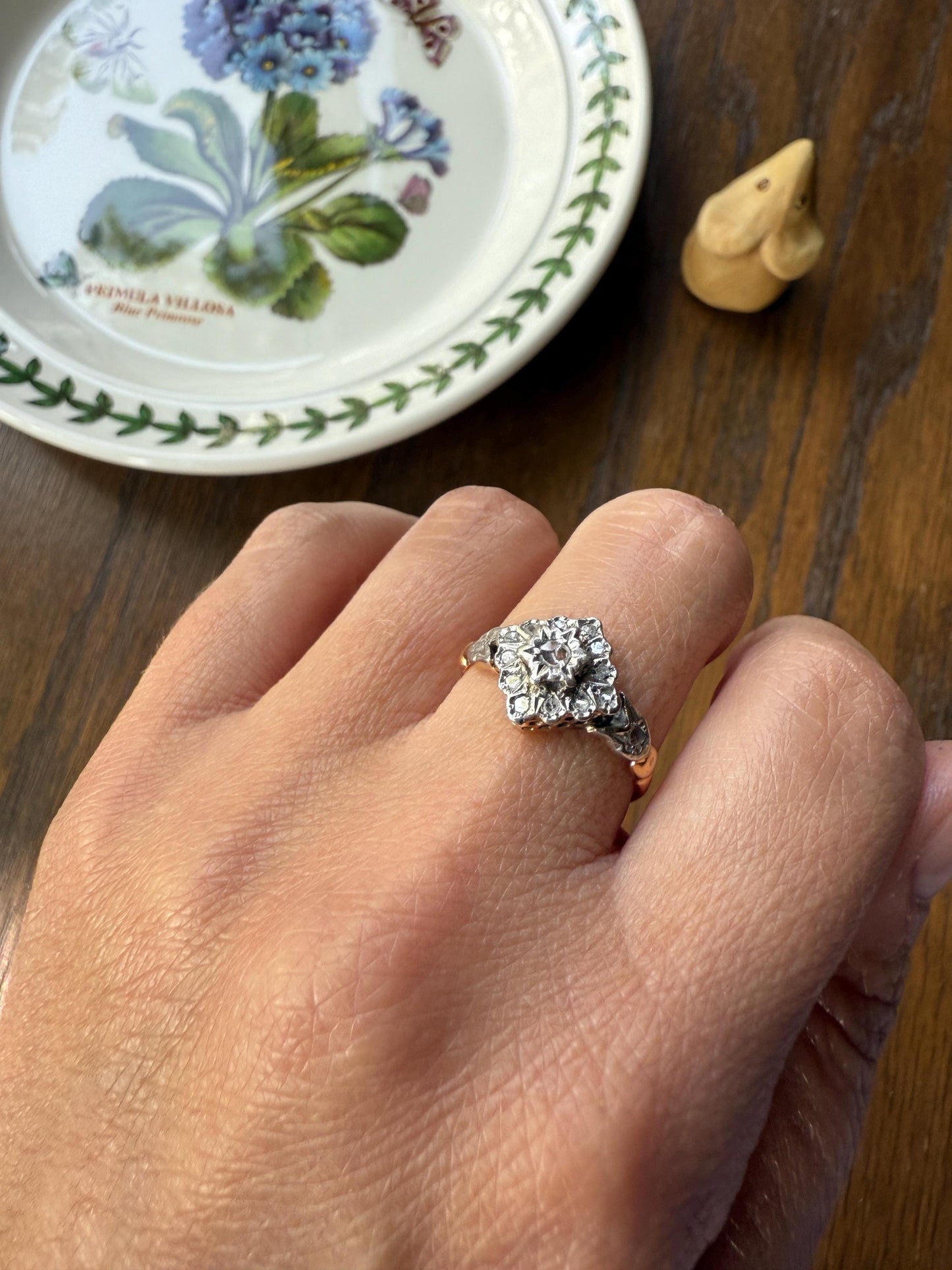 TULIP Floral Square Rose Cut DIAMOND Cluster Halo French Antique Ring 18k Gold Victorian Art Nouveau Belle Epoque Romantic Gift Stacker