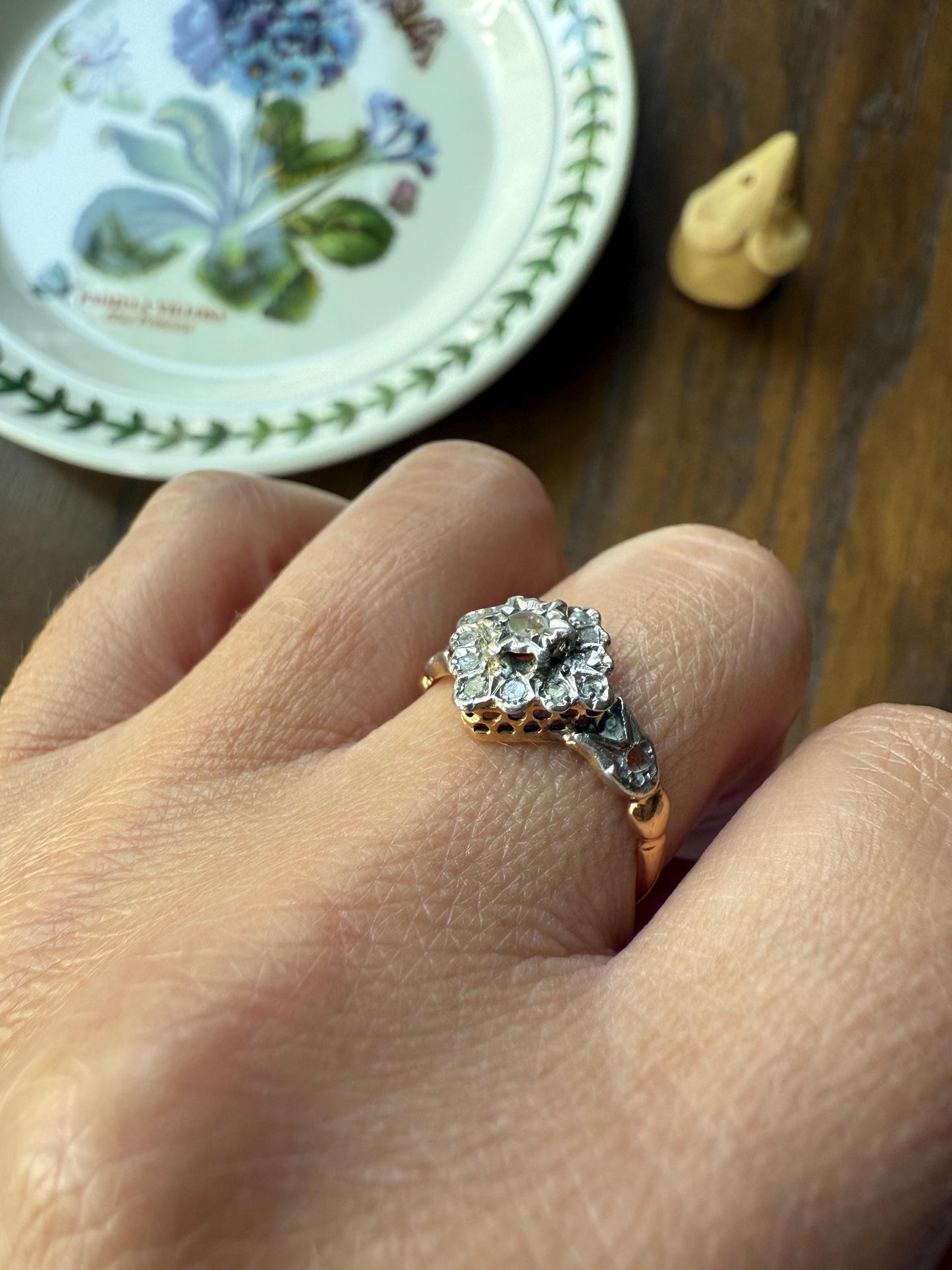 TULIP Floral Square Rose Cut DIAMOND Cluster Halo French Antique Ring 18k Gold Victorian Art Nouveau Belle Epoque Romantic Gift Stacker