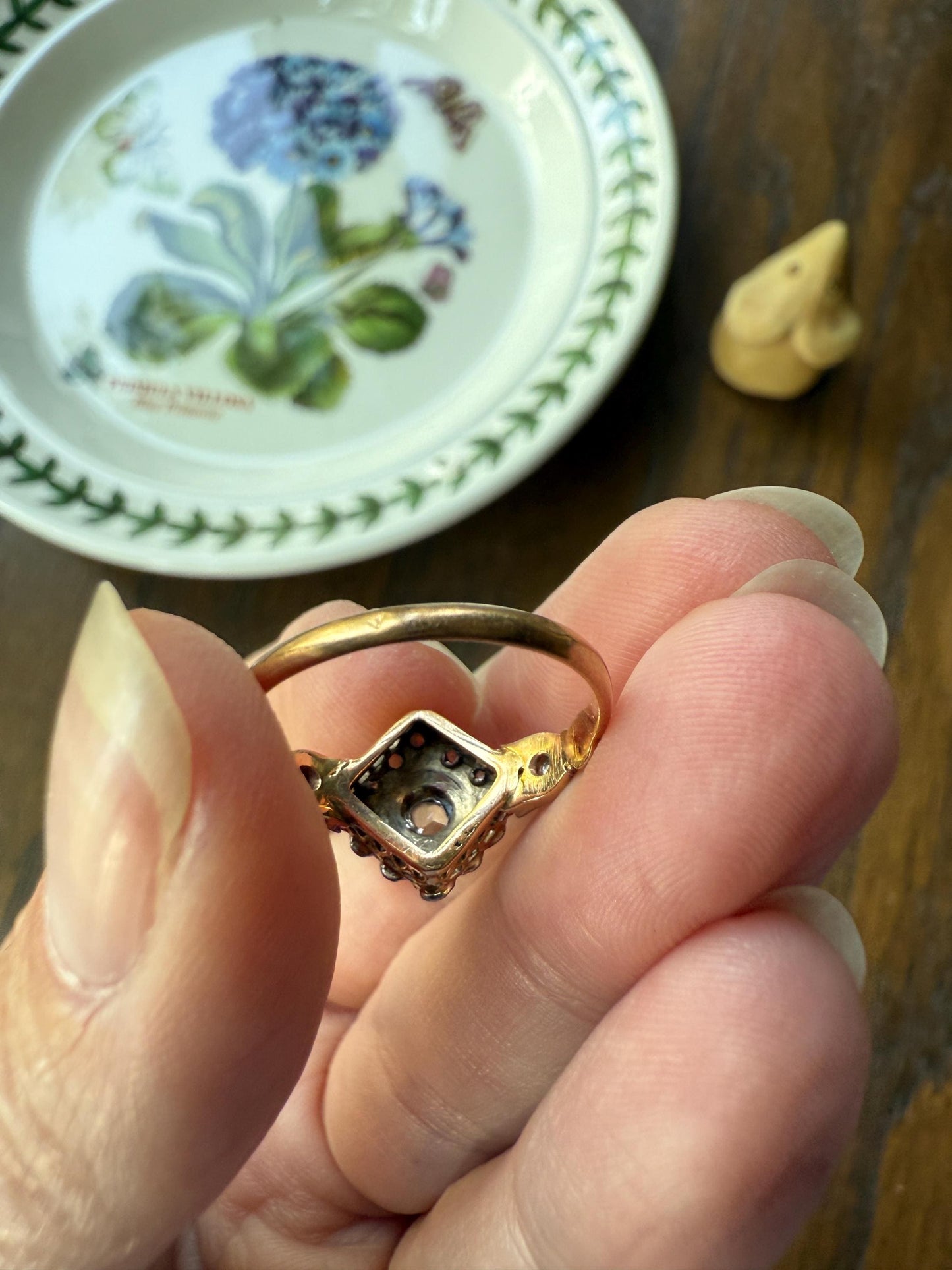 TULIP Floral Square Rose Cut DIAMOND Cluster Halo French Antique Ring 18k Gold Victorian Art Nouveau Belle Epoque Romantic Gift Stacker