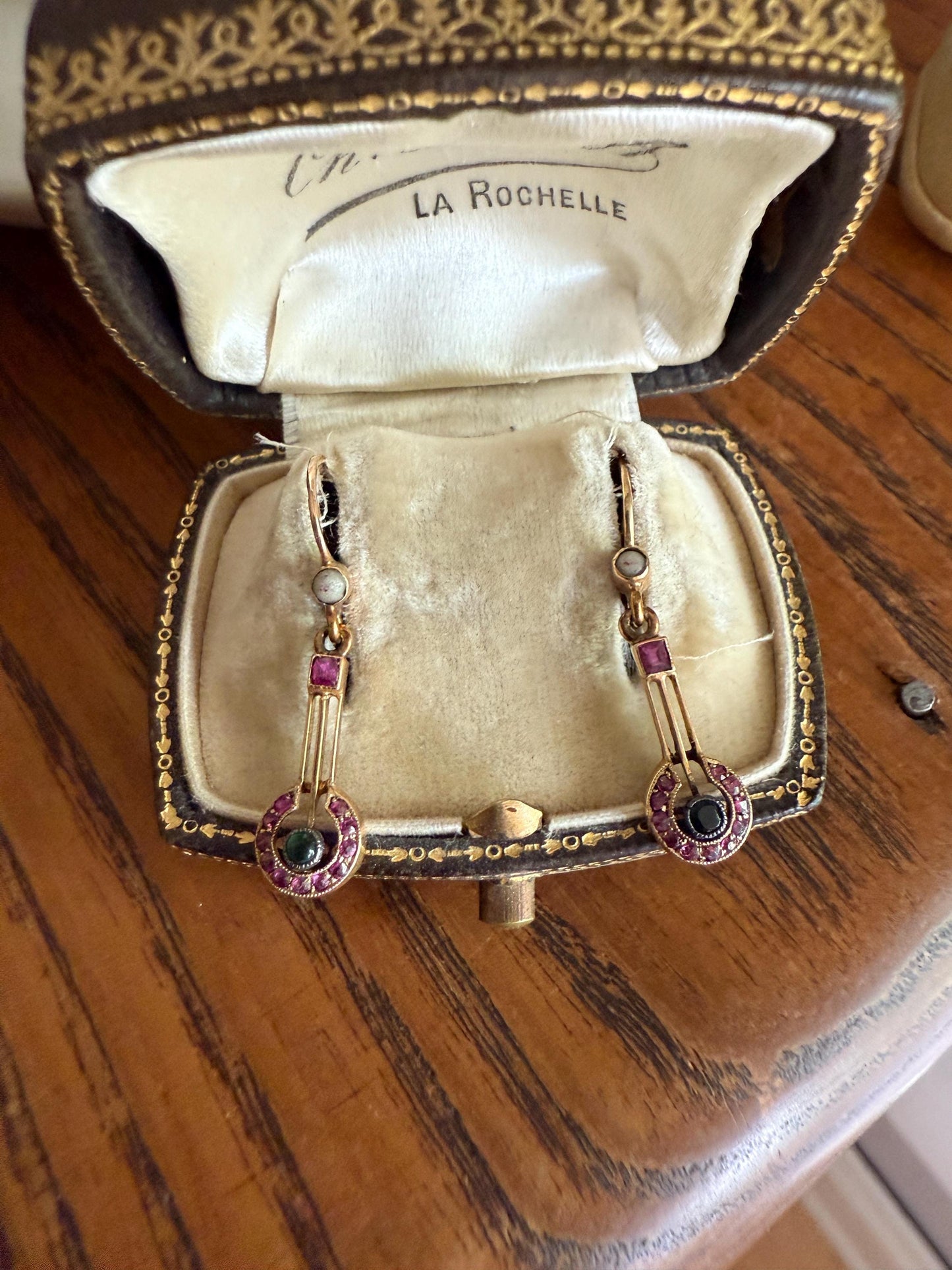 Victorian Natural Ruby Halo Dangle Earrings Bullseye Target Linear Antique 14k Gold Geometric Lever Back