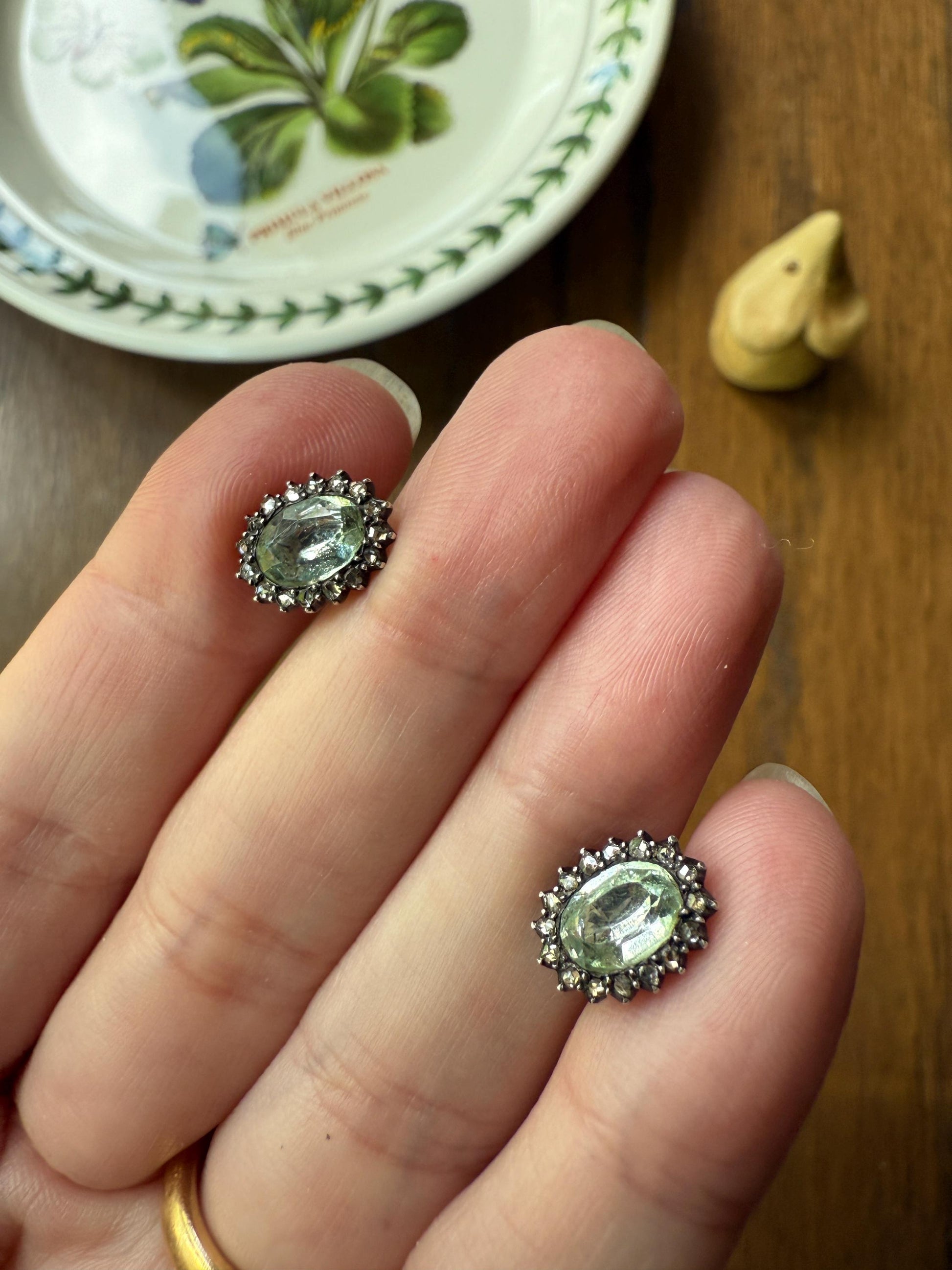 Antique Blue Green AQUAMARINE Rose Cut Diamond Halo STUD EARRINGS Georgian Victorian 18k 14k Gold Oval French Belle Epoque Bridal Gift Foil