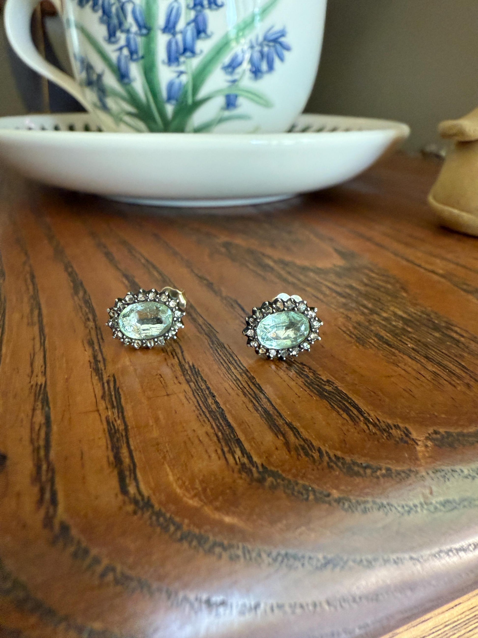 Antique Blue Green AQUAMARINE Rose Cut Diamond Halo STUD EARRINGS Georgian Victorian 18k 14k Gold Oval French Belle Epoque Bridal Gift Foil