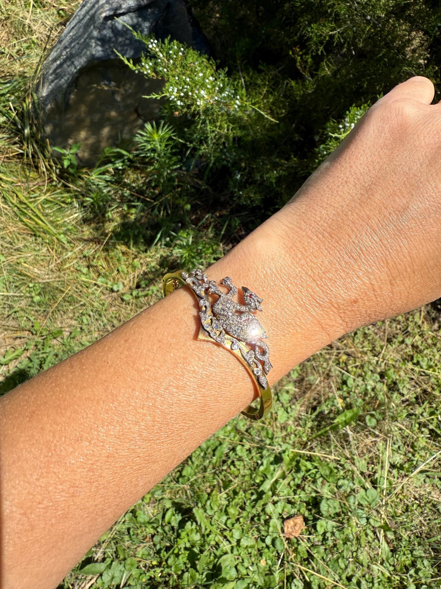 DRAGON Rare One of a Kind Antique Figural 130+ Rose Cut Diamond BANGLE Bracelet French Victorian 18k Gold Silver Chimera Phoenix Chevron
