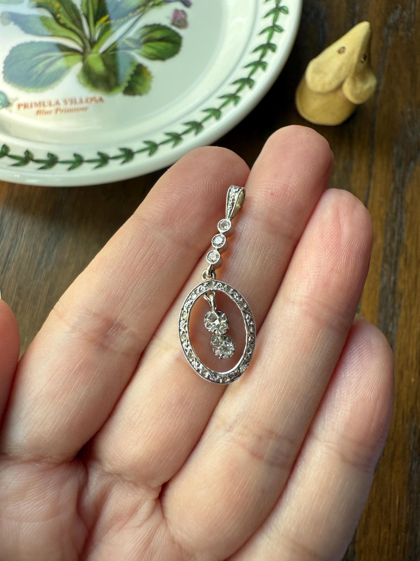 Oval Dangle Pendant 17 Old Mine Single Rose Cut DIAMOND Pendant 18k White Gold Open Work French Antique Linear Halo Geometric Sparkle