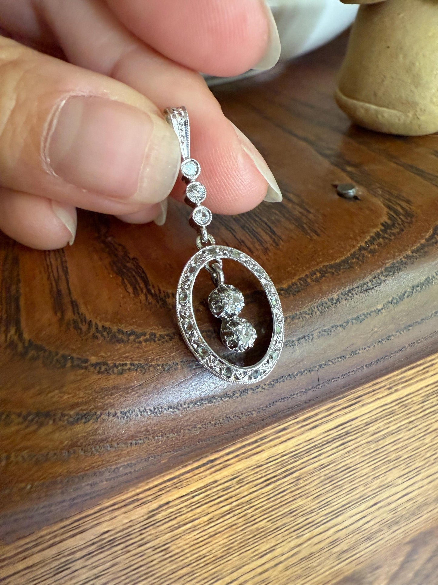 Oval Dangle Pendant 17 Old Mine Single Rose Cut DIAMOND Pendant 18k White Gold Open Work French Antique Linear Halo Geometric Sparkle