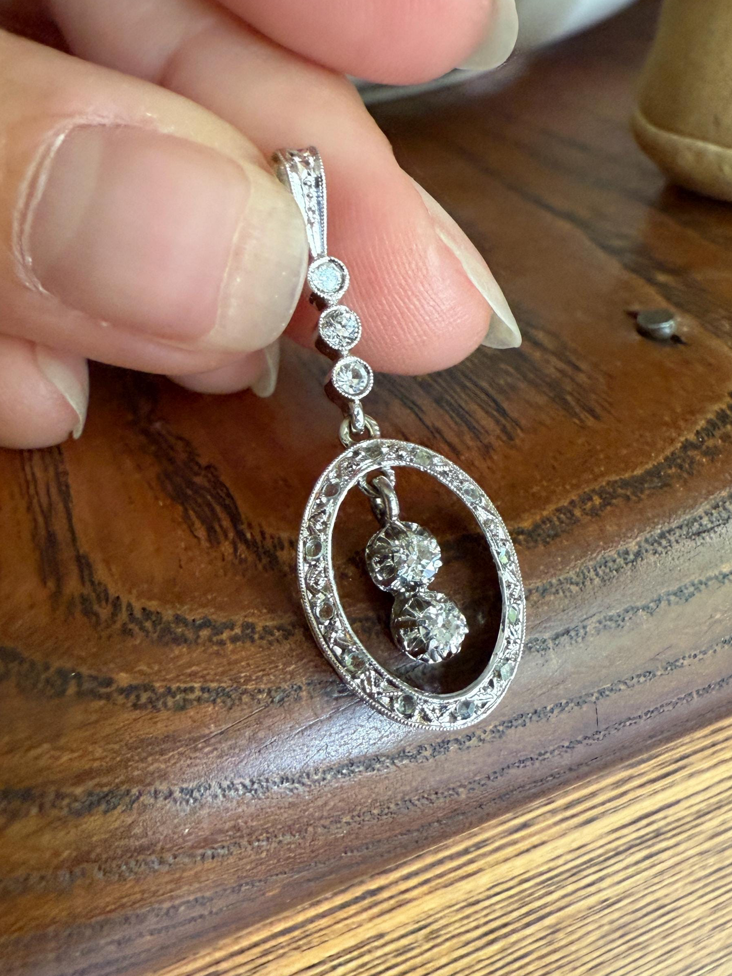 Oval Dangle Pendant 17 Old Mine Single Rose Cut DIAMOND Pendant 18k White Gold Open Work French Antique Linear Halo Geometric Sparkle
