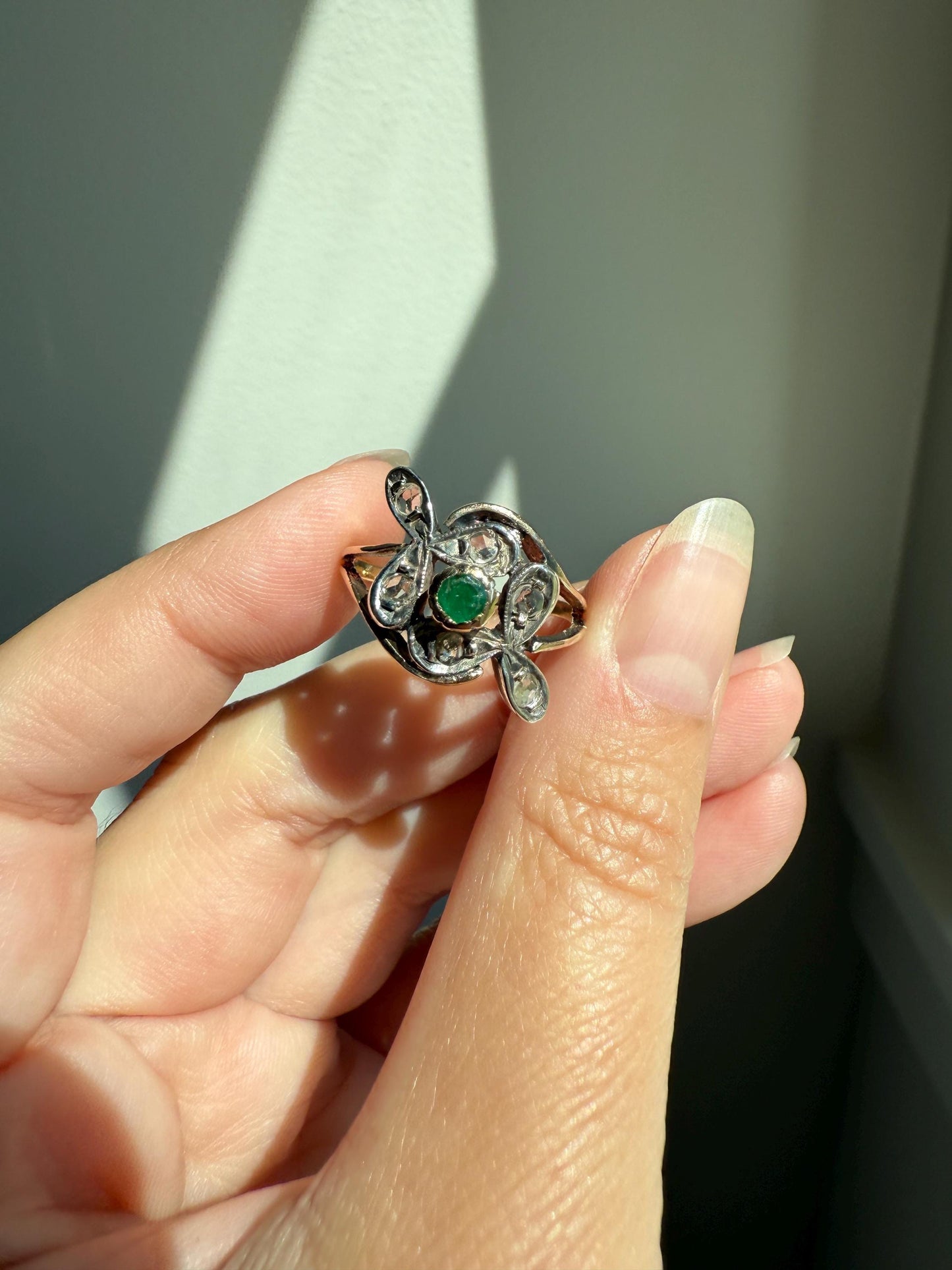 Double Clover EMERALD Rose Cut Diamond Whimsical Figural Ring 14k Gold Silver Unique Large Scale Stacker Band Green Sparkle