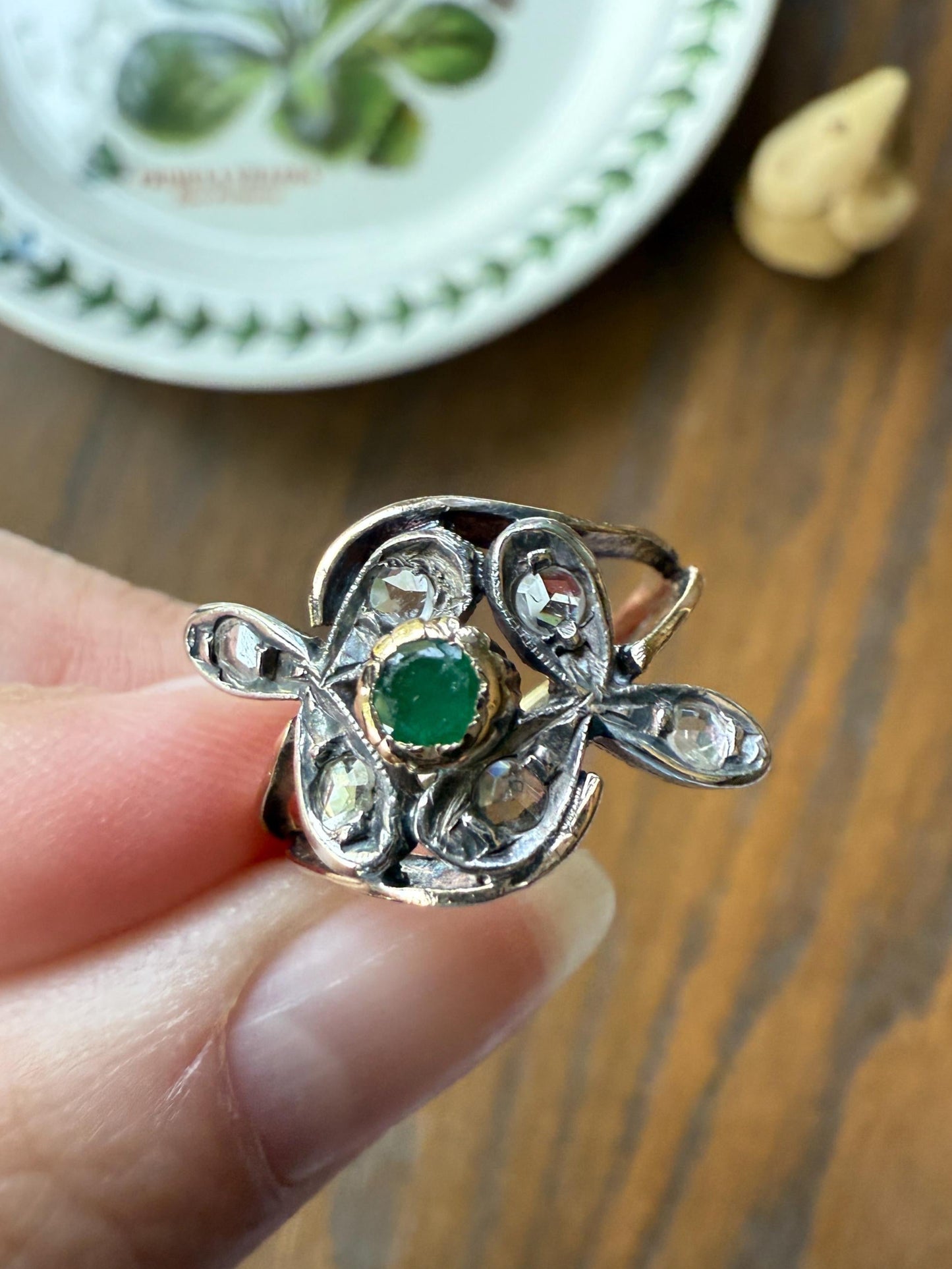 Double Clover EMERALD Rose Cut Diamond Whimsical Figural Ring 14k Gold Silver Unique Large Scale Stacker Band Green Sparkle