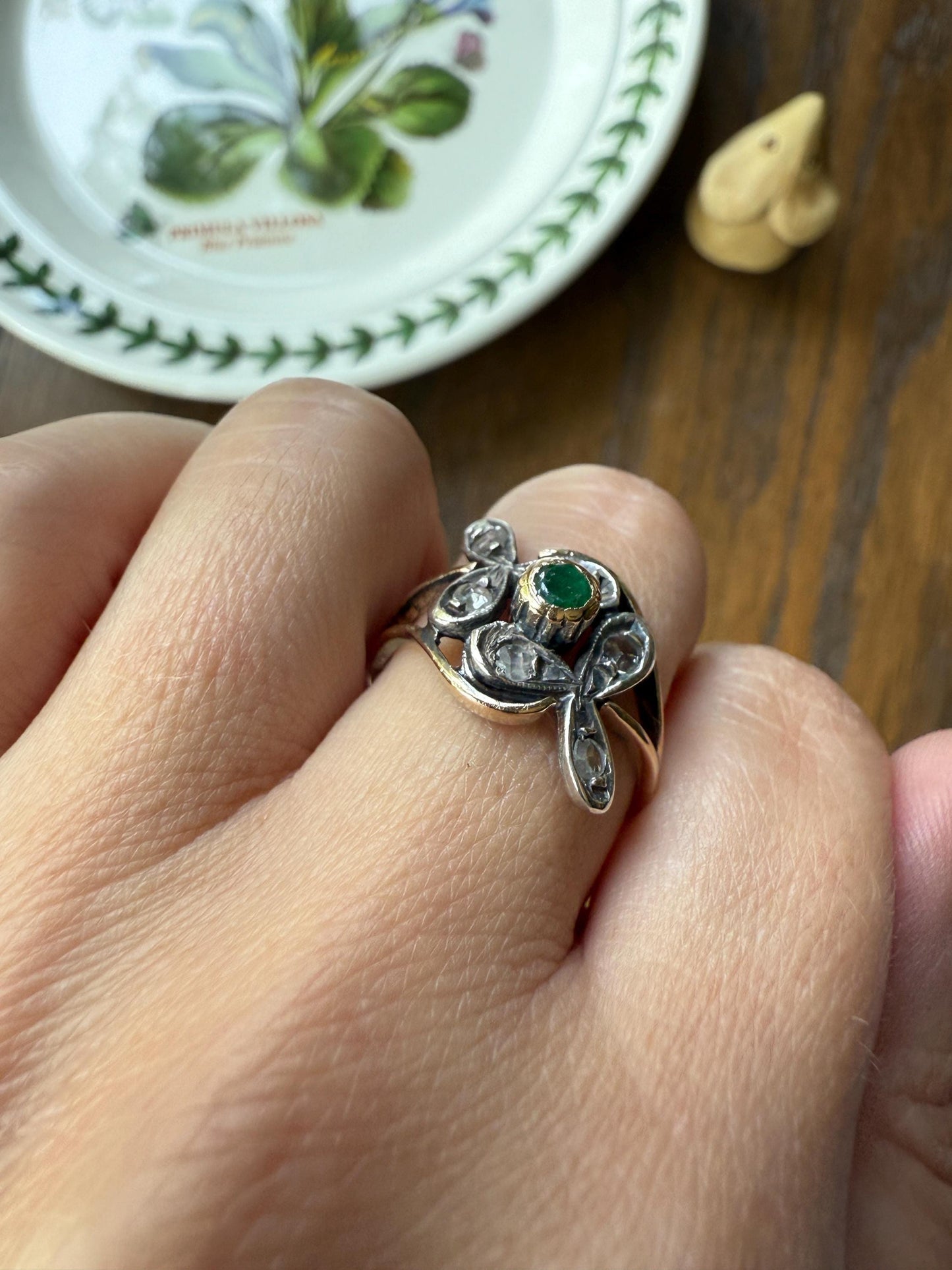 Double Clover EMERALD Rose Cut Diamond Whimsical Figural Ring 14k Gold Silver Unique Large Scale Stacker Band Green Sparkle