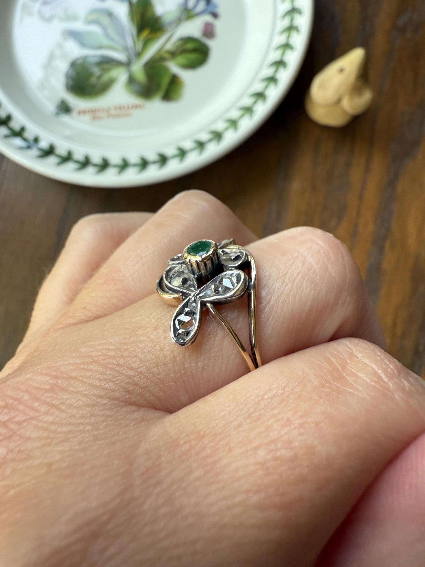 Double Clover EMERALD Rose Cut Diamond Whimsical Figural Ring 14k Gold Silver Unique Large Scale Stacker Band Green Sparkle