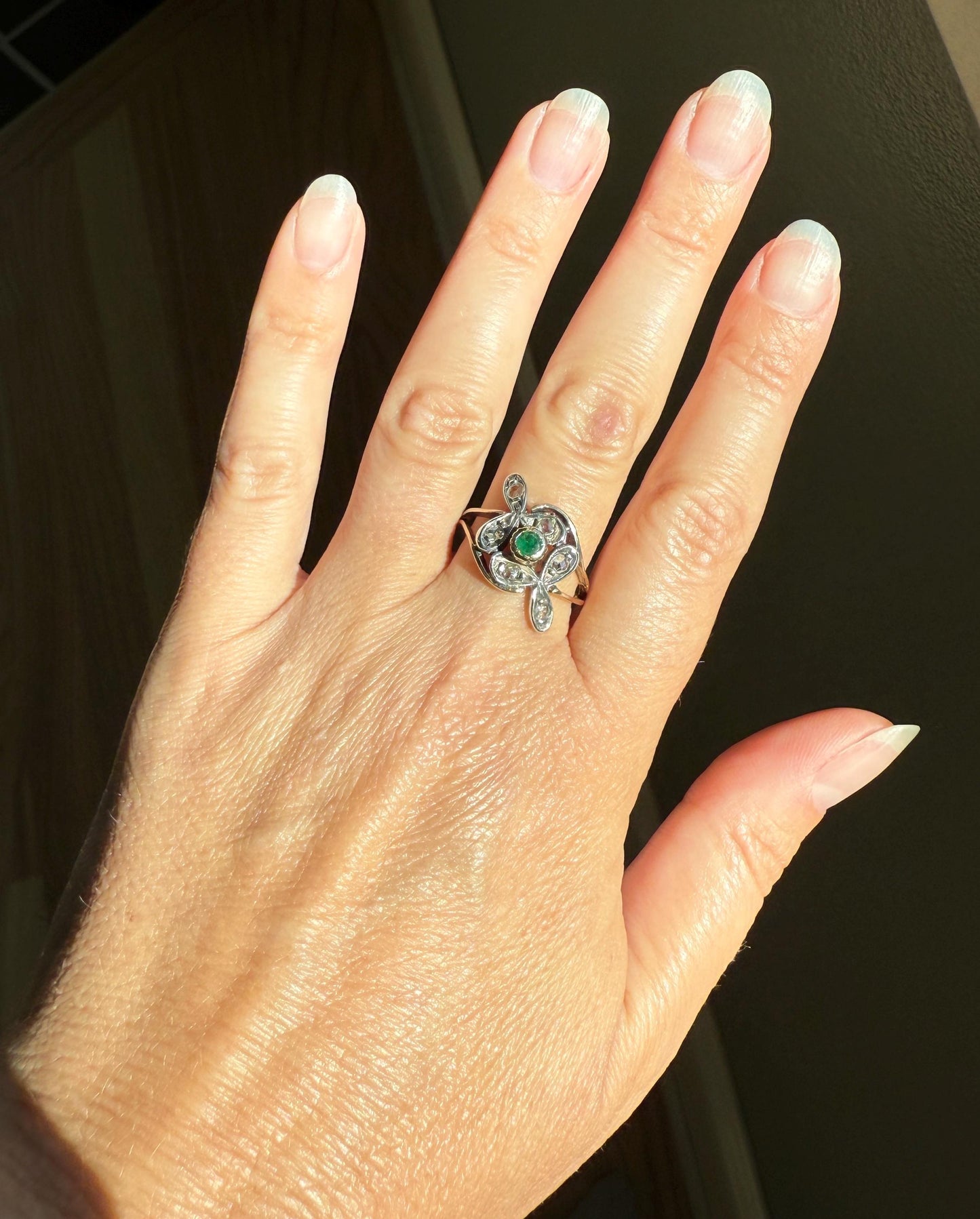 Double Clover EMERALD Rose Cut Diamond Whimsical Figural Ring 14k Gold Silver Unique Large Scale Stacker Band Green Sparkle