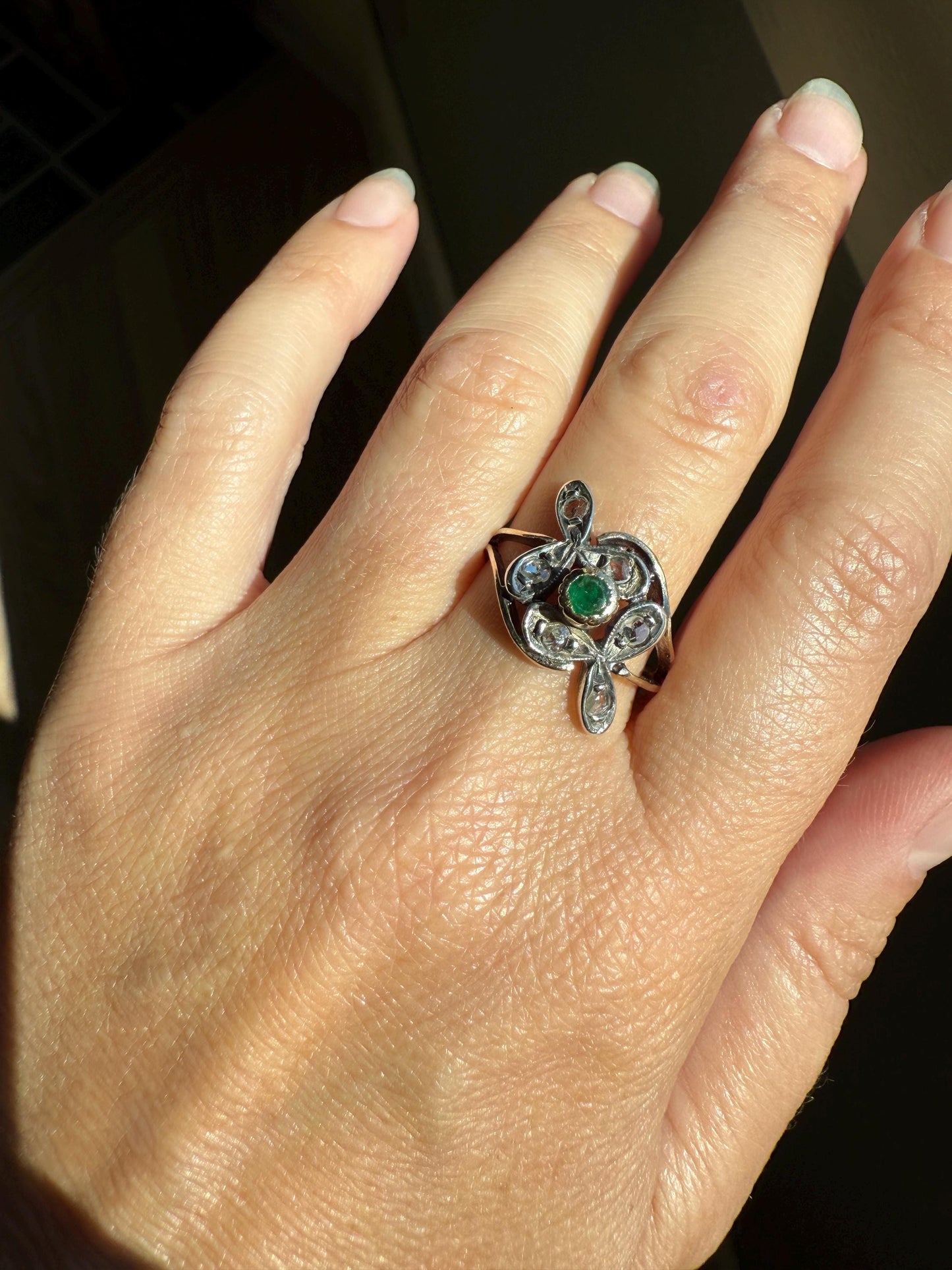 Double Clover EMERALD Rose Cut Diamond Whimsical Figural Ring 14k Gold Silver Unique Large Scale Stacker Band Green Sparkle