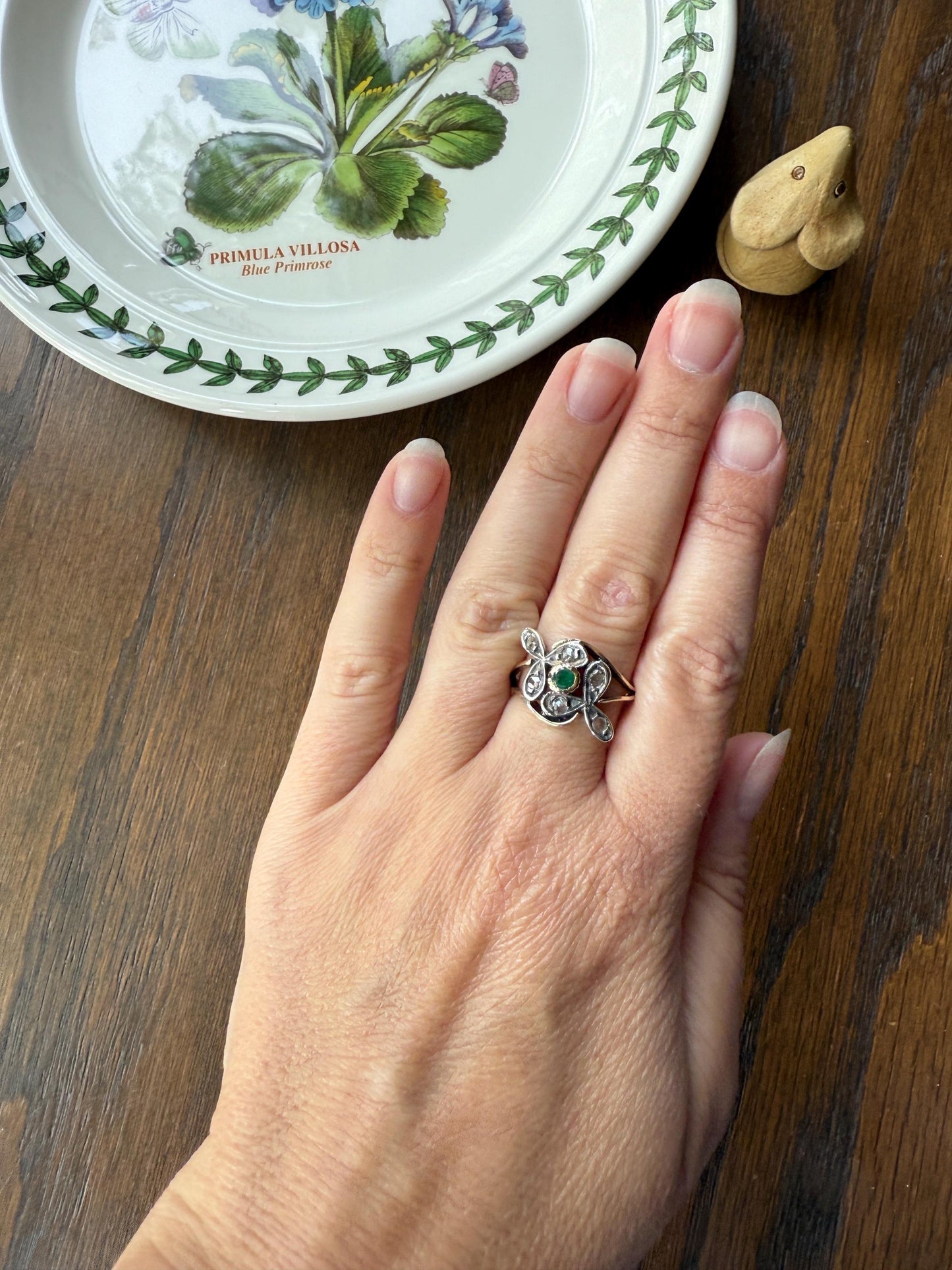 Double Clover EMERALD Rose Cut Diamond Whimsical Figural Ring 14k Gold Silver Unique Large Scale Stacker Band Green Sparkle