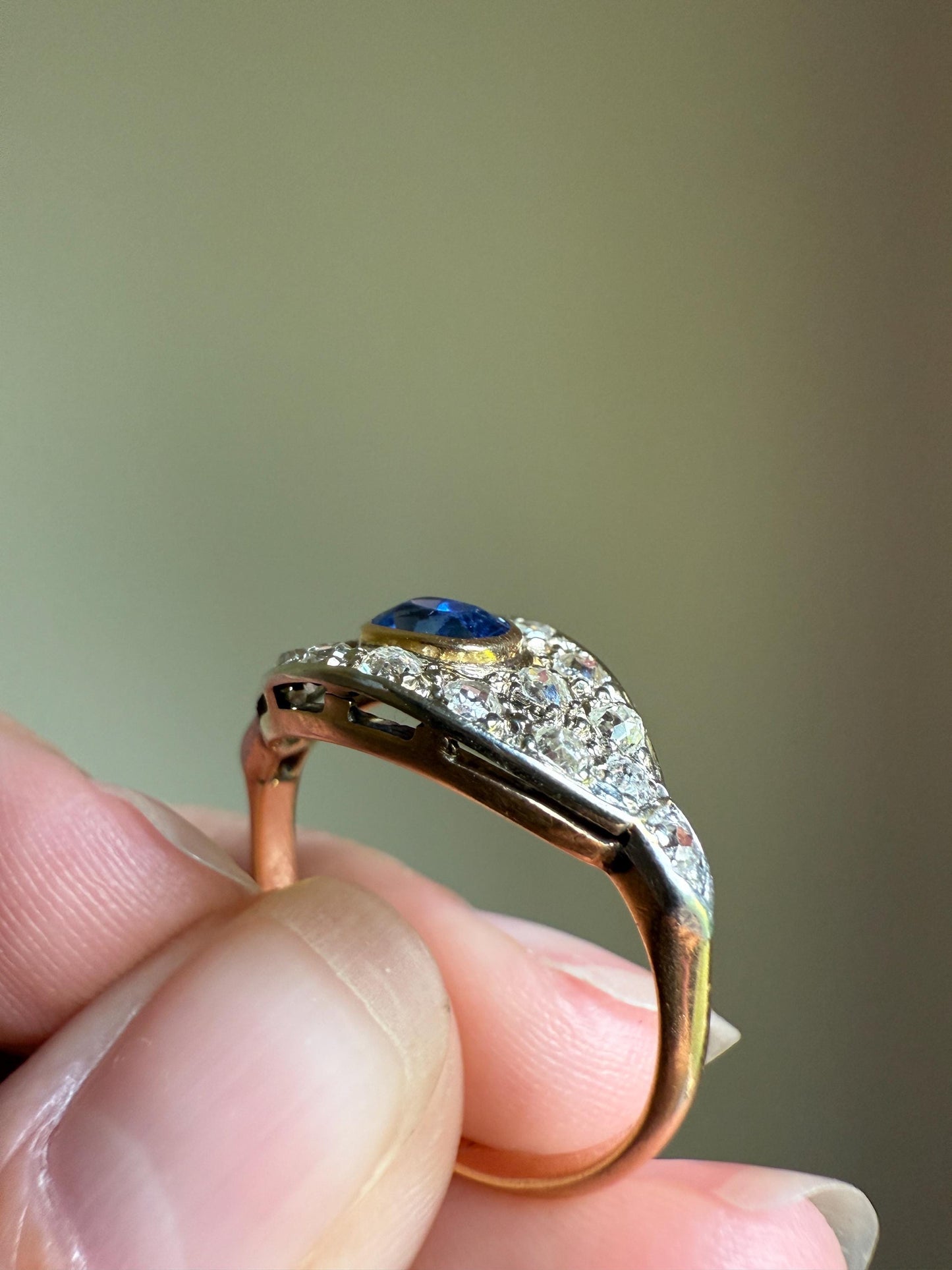 East West SAPPHIRE .8Ctw Old Mine Cut DIAMOND Antique Ring French 18k Gold Blue Stacker Band Pave Domed Shield Edwardian Cobblestone Texture