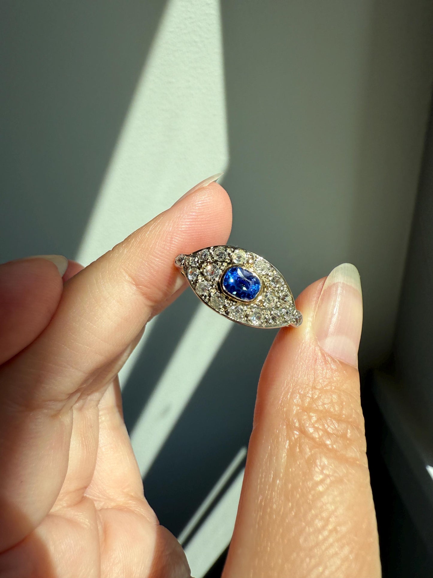 East West SAPPHIRE .8Ctw Old Mine Cut DIAMOND Antique Ring French 18k Gold Blue Stacker Band Pave Domed Shield Edwardian Cobblestone Texture