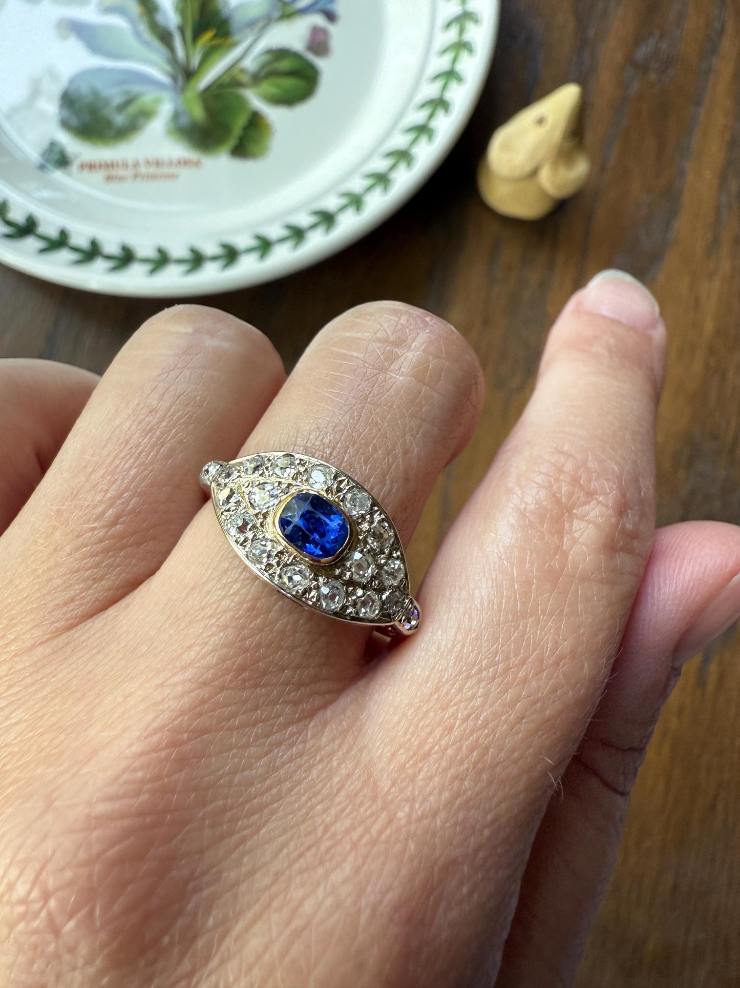 East West SAPPHIRE .8Ctw Old Mine Cut DIAMOND Antique Ring French 18k Gold Blue Stacker Band Pave Domed Shield Edwardian Cobblestone Texture