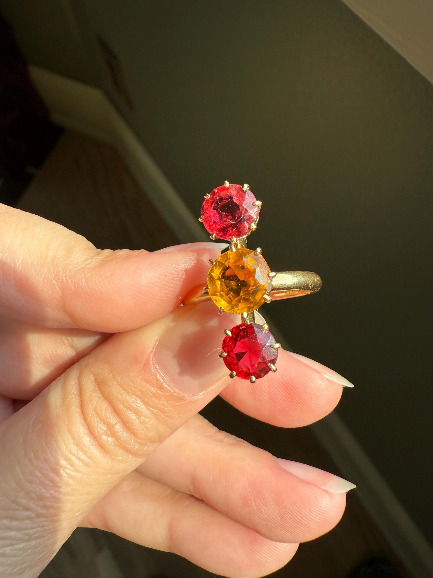 Dated 1924 Old Cut Antique Paste Three Stone Yellow & Red Crown Prong Setting 18k Gold Engraved Colorful Ringstack French Art Deco