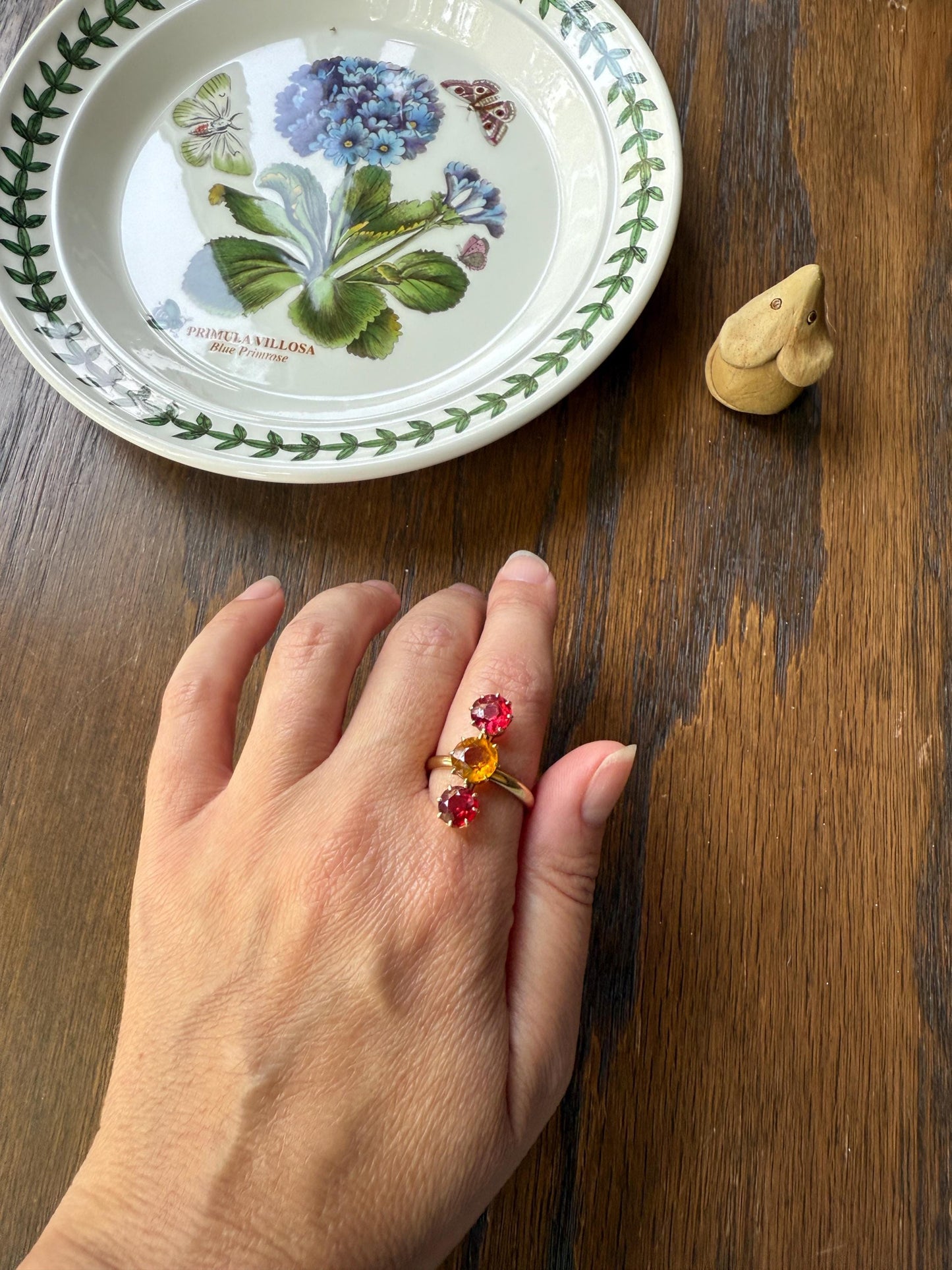 Dated 1924 Old Cut Antique Paste Three Stone Yellow & Red Crown Prong Setting 18k Gold Engraved Colorful Ringstack French Art Deco