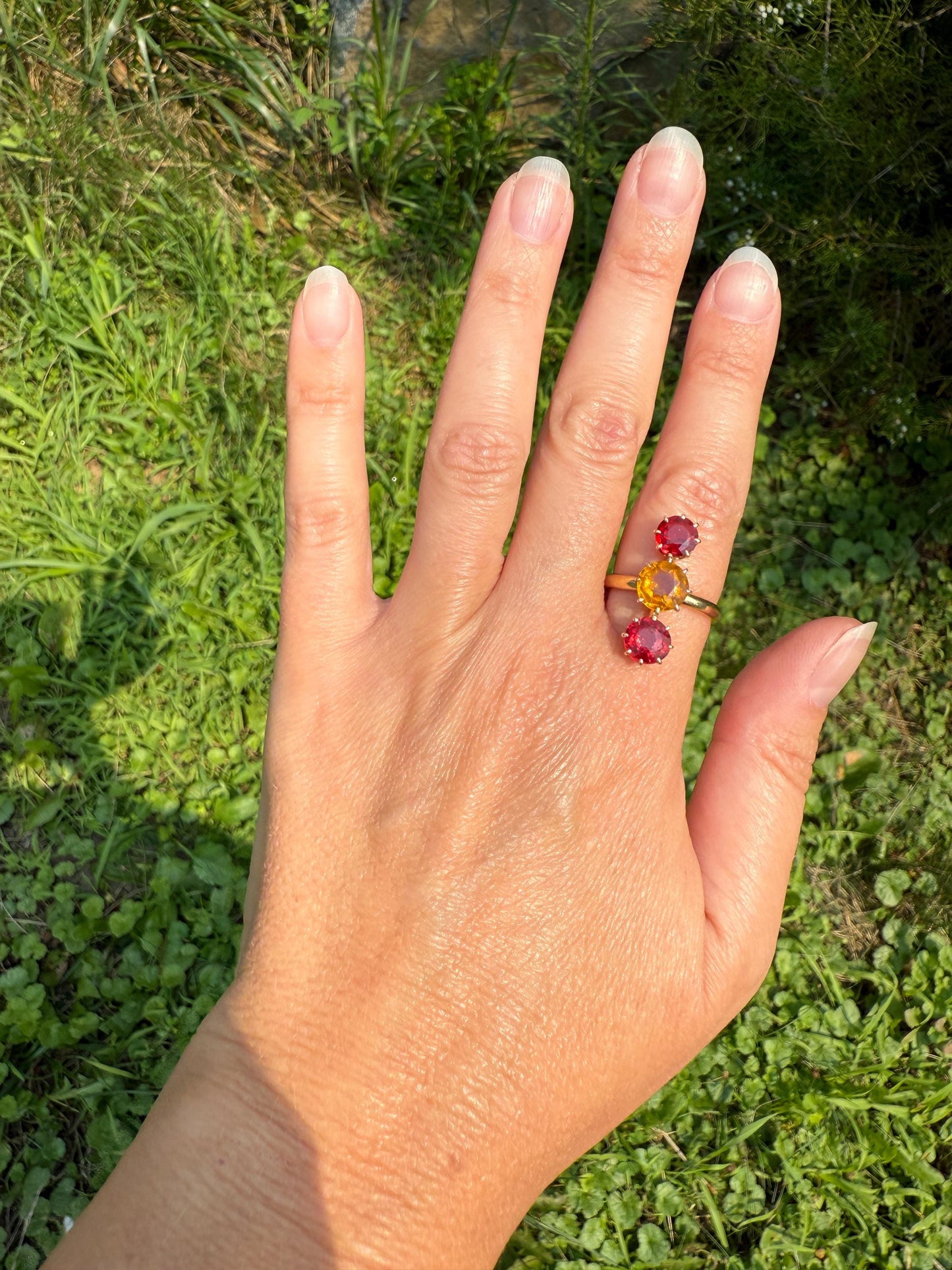 Dated 1924 Old Cut Antique Paste Three Stone Yellow & Red Crown Prong Setting 18k Gold Engraved Colorful Ringstack French Art Deco