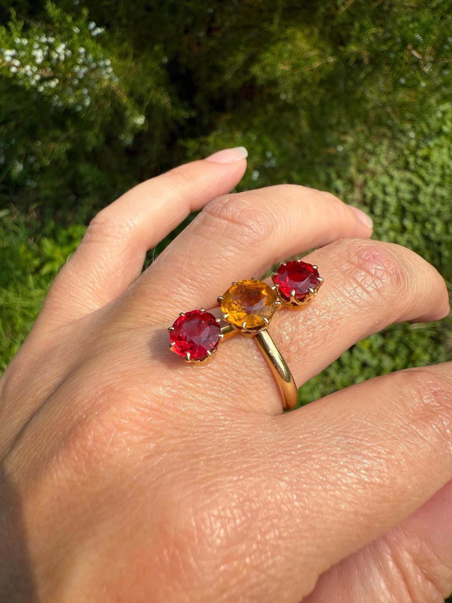 Dated 1924 Old Cut Antique Paste Three Stone Yellow & Red Crown Prong Setting 18k Gold Engraved Colorful Ringstack French Art Deco