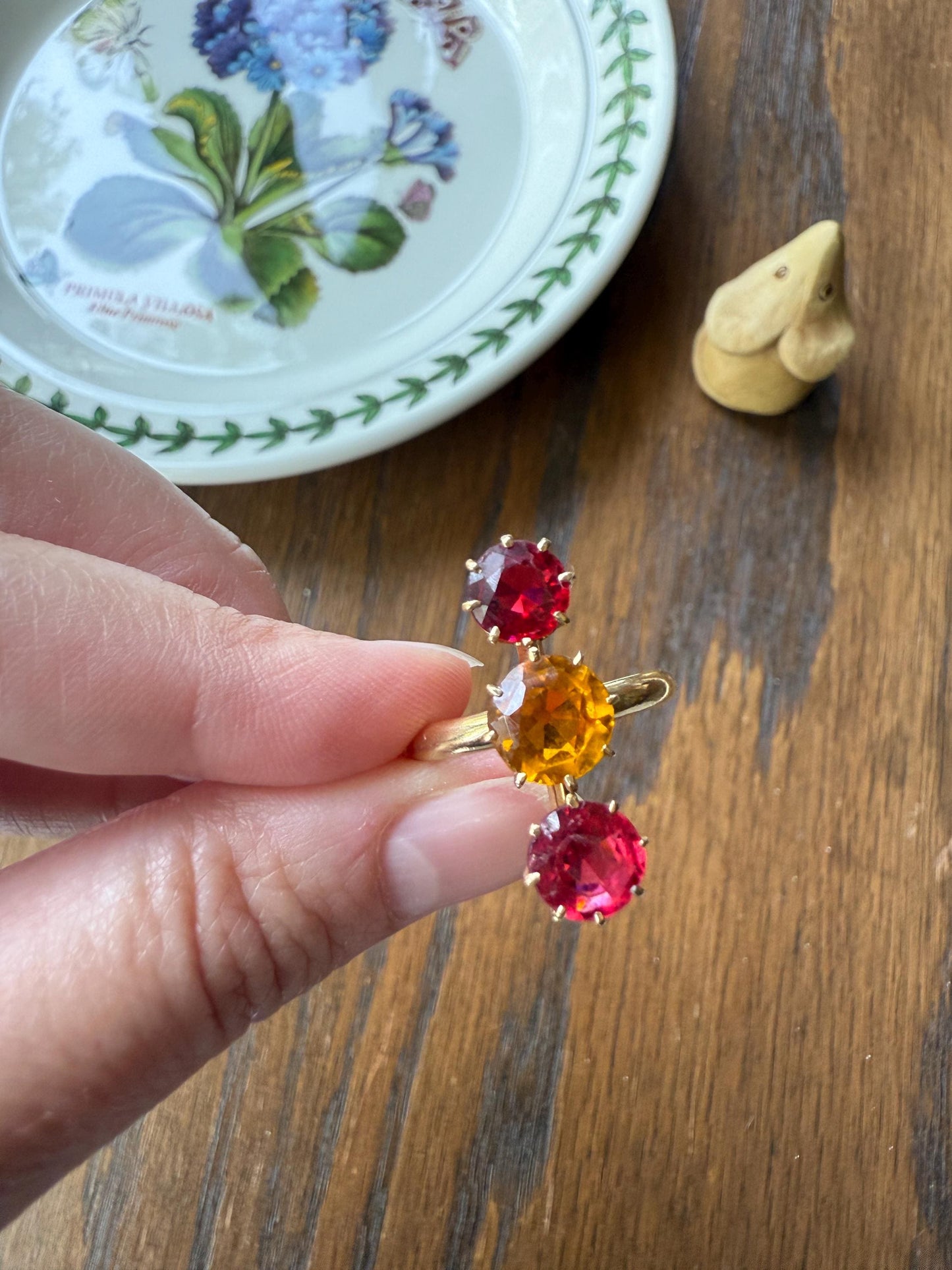 Dated 1924 Old Cut Antique Paste Three Stone Yellow & Red Crown Prong Setting 18k Gold Engraved Colorful Ringstack French Art Deco