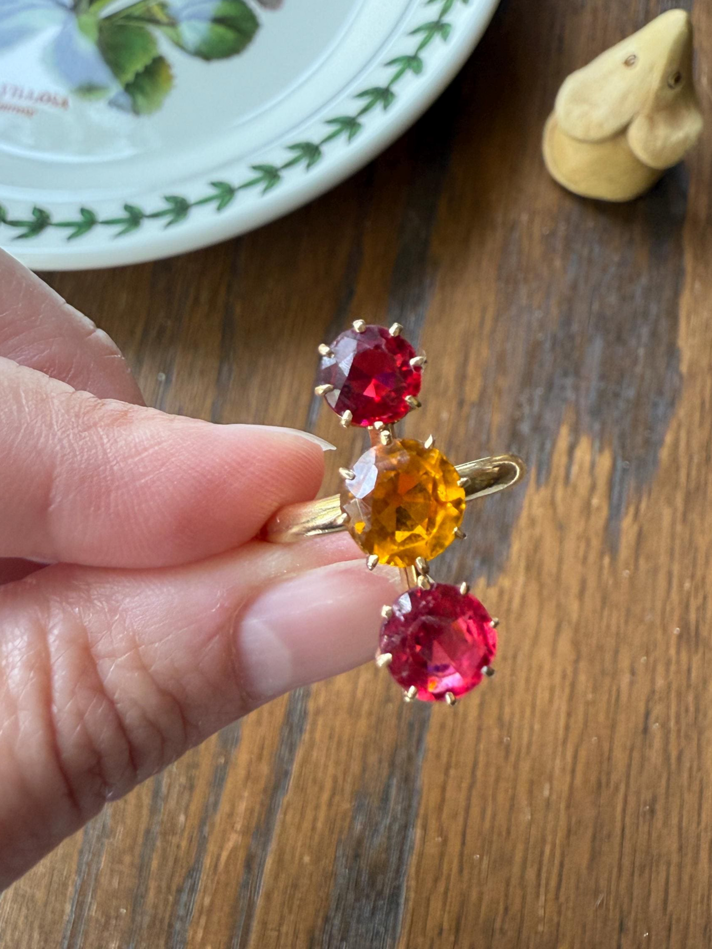 Dated 1924 Old Cut Antique Paste Three Stone Yellow & Red Crown Prong Setting 18k Gold Engraved Colorful Ringstack French Art Deco