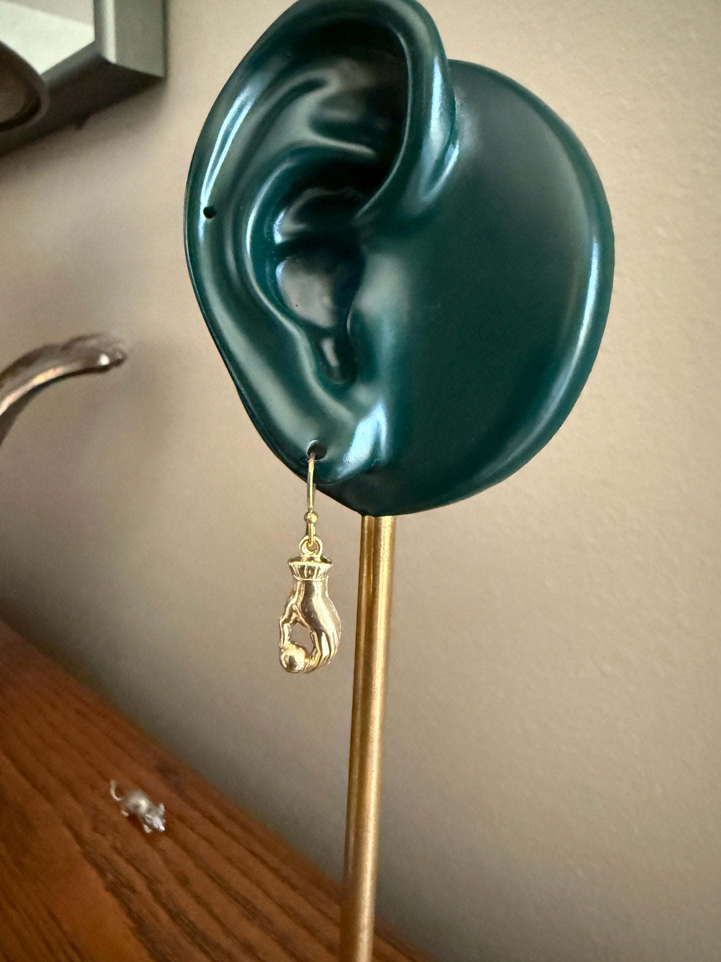 Antique Figural HAND Holding Ball Jester? Cuff Dangle Earrings 10k Gold Cased & GF Unique