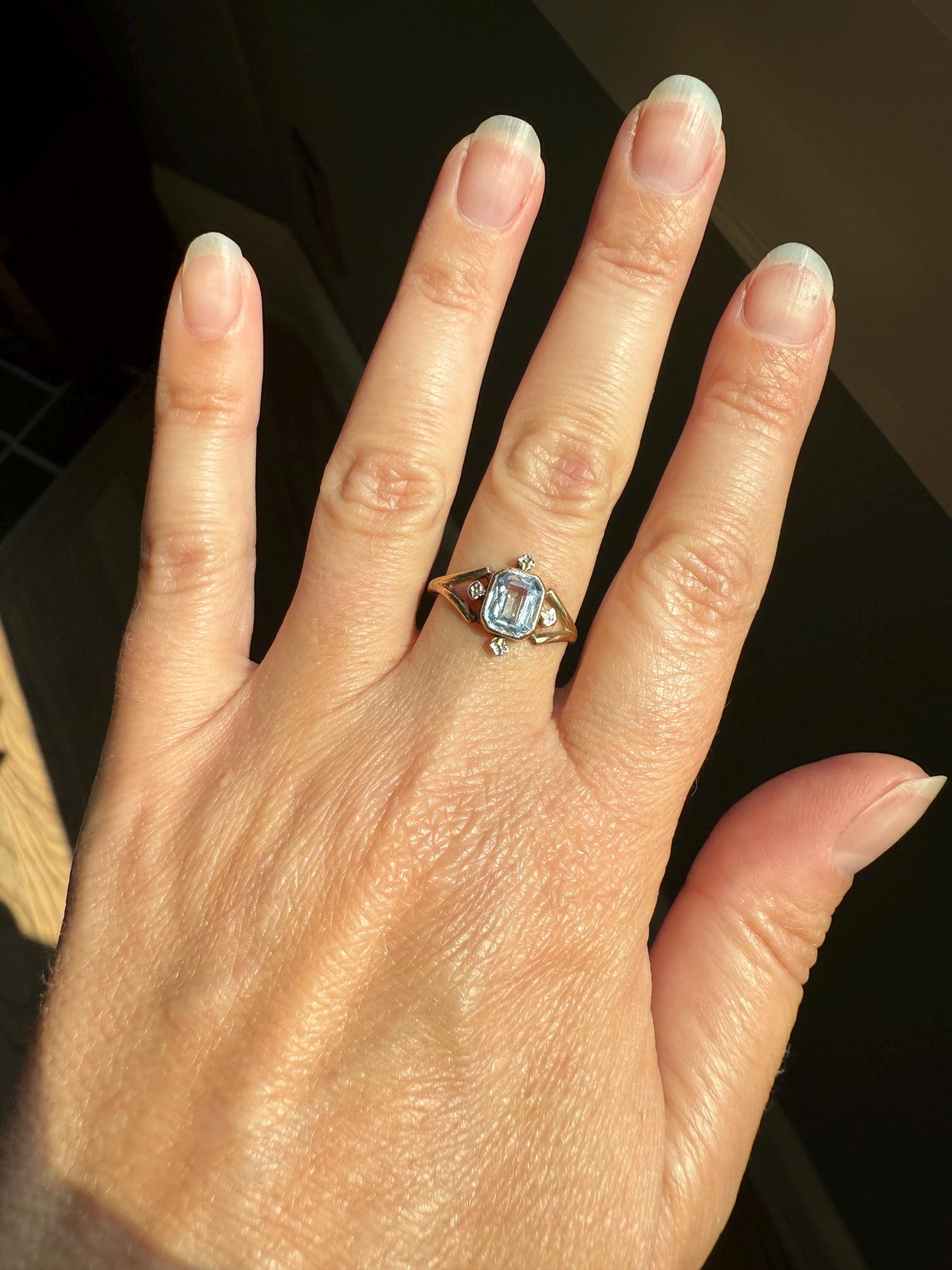 Cruciform ANTIQUE Pale Blue Spinel Ring 18k Gold Floral Illusion Setting Geometric Stacker Cushion Cut