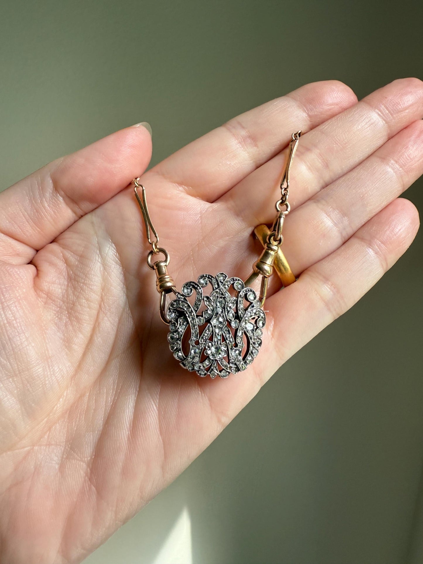 Antique M W 100 + Rose Cut Diamonds Encrusted Initial Medallion 18k Gold Silver Brooch Pin for Pendant French Figural Georgian Victorian