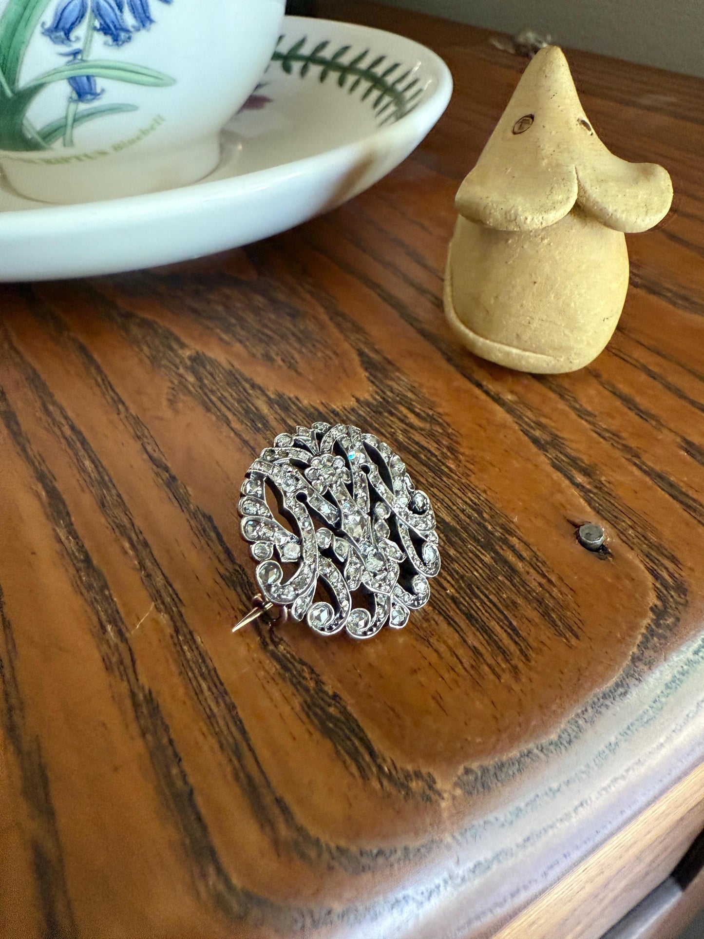 Antique M W 100 + Rose Cut Diamonds Encrusted Initial Medallion 18k Gold Silver Brooch Pin for Pendant French Figural Georgian Victorian