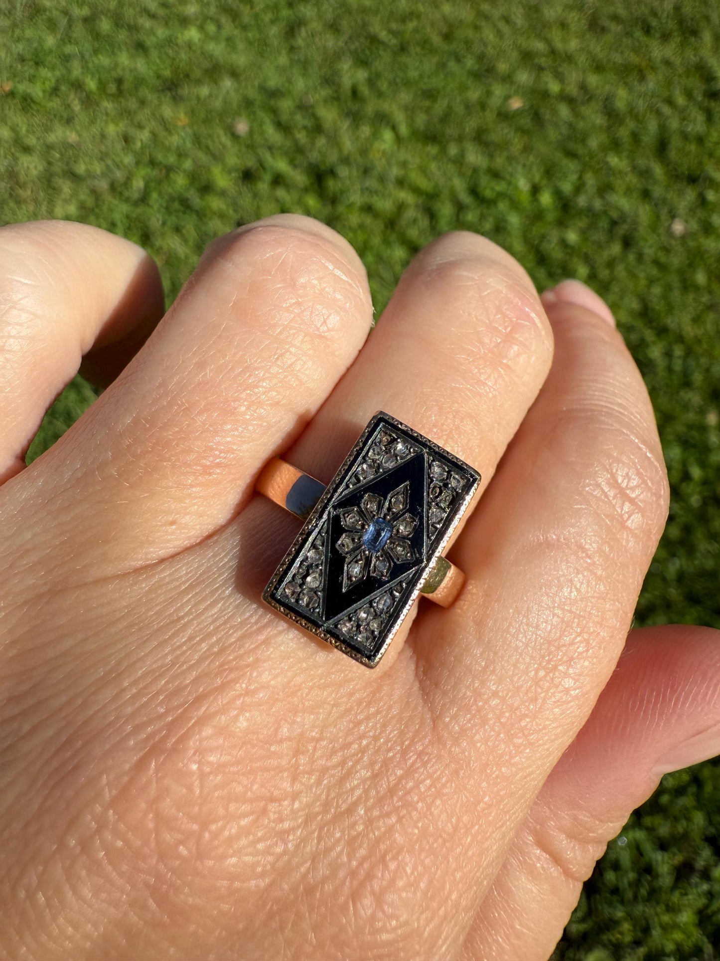 Antique Blue SAPPHIRE Rose Cut DIAMOND Black Enamel 14k Rosy Gold Plaque Ring Floral Geometric Rectangular Panel Romantic Gift Stacker