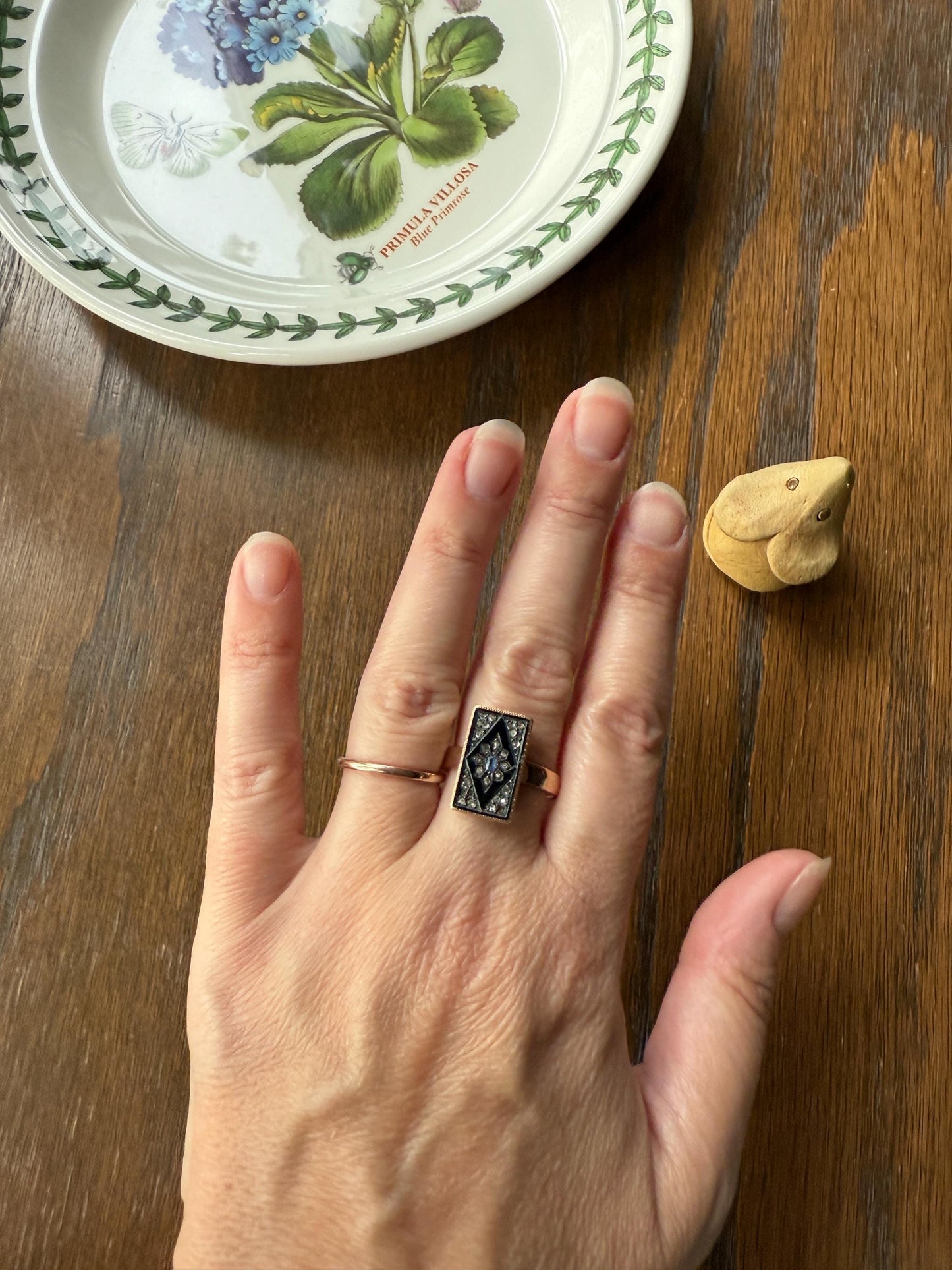 Antique Blue SAPPHIRE Rose Cut DIAMOND Black Enamel 14k Rosy Gold Plaque Ring Floral Geometric Rectangular Panel Romantic Gift Stacker