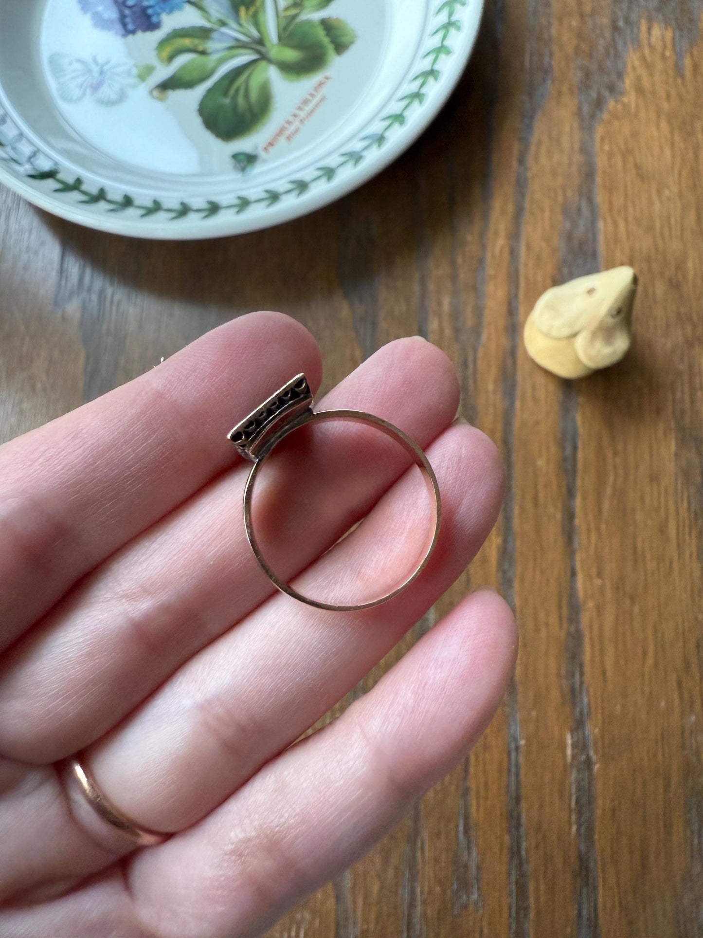 Antique Blue SAPPHIRE Rose Cut DIAMOND Black Enamel 14k Rosy Gold Plaque Ring Floral Geometric Rectangular Panel Romantic Gift Stacker