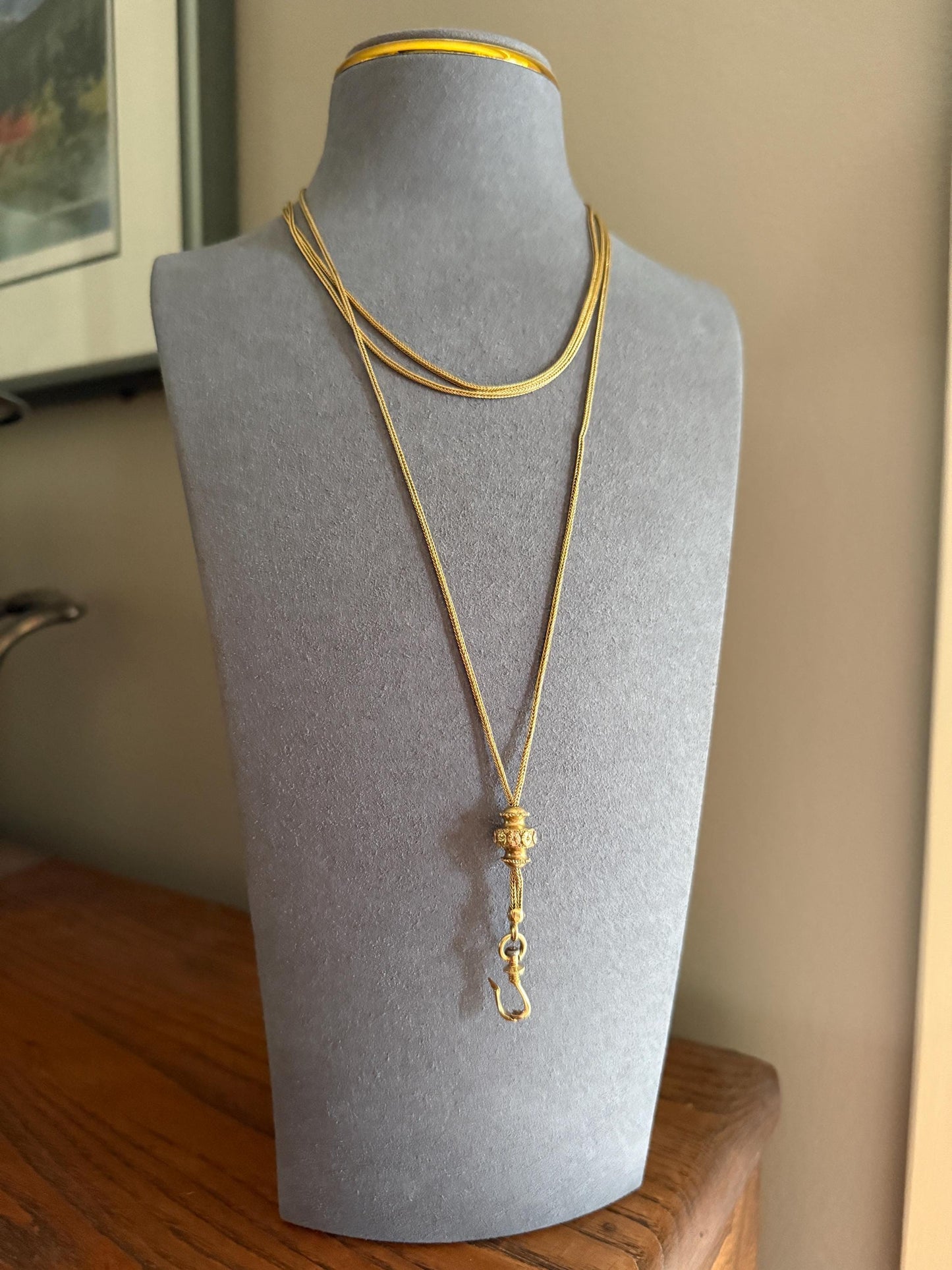 French VICTORIAN Floral Tricolor 18k Gold 20g X- Long Guard Box Link Muff Double Chain Necklace w/ Slide & Dog Clip Pendant Holder Bracelet