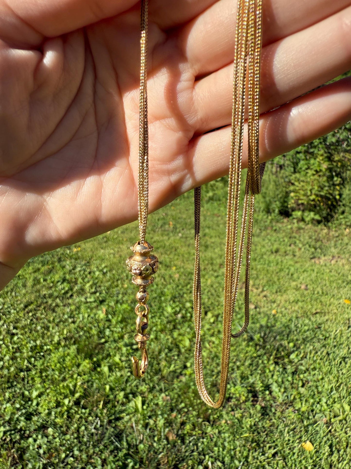 French VICTORIAN Floral Tricolor 18k Gold 20g X- Long Guard Box Link Muff Double Chain Necklace w/ Slide & Dog Clip Pendant Holder Bracelet