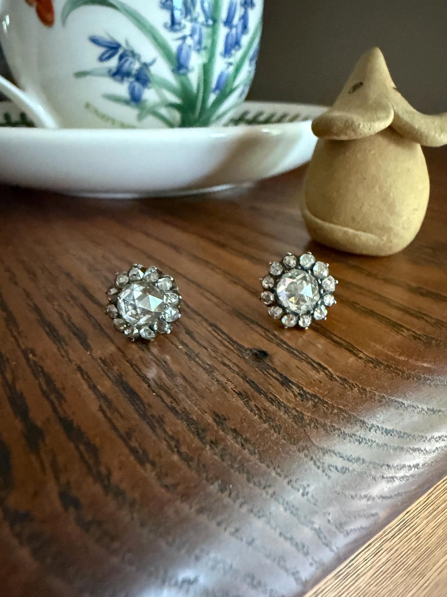 Gorgeous Rose Cut DIAMOND Cluster Stud Earrings Domed Disco Balls w/ Halo 14k Gold Silver Chunky Foiled Stones A+ Rainbow Glitter