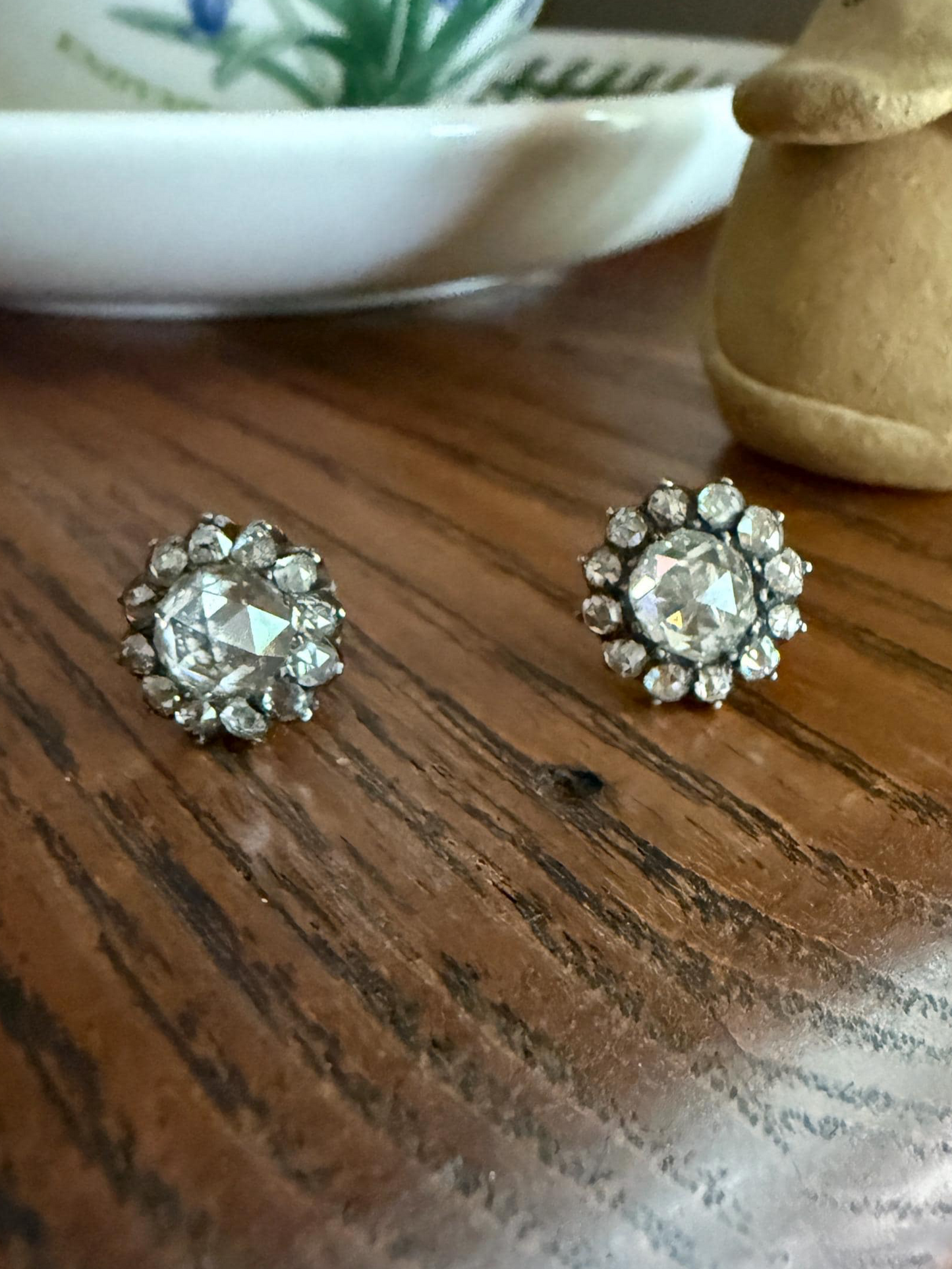 Gorgeous Rose Cut DIAMOND Cluster Stud Earrings Domed Disco Balls w/ Halo 14k Gold Silver Chunky Foiled Stones