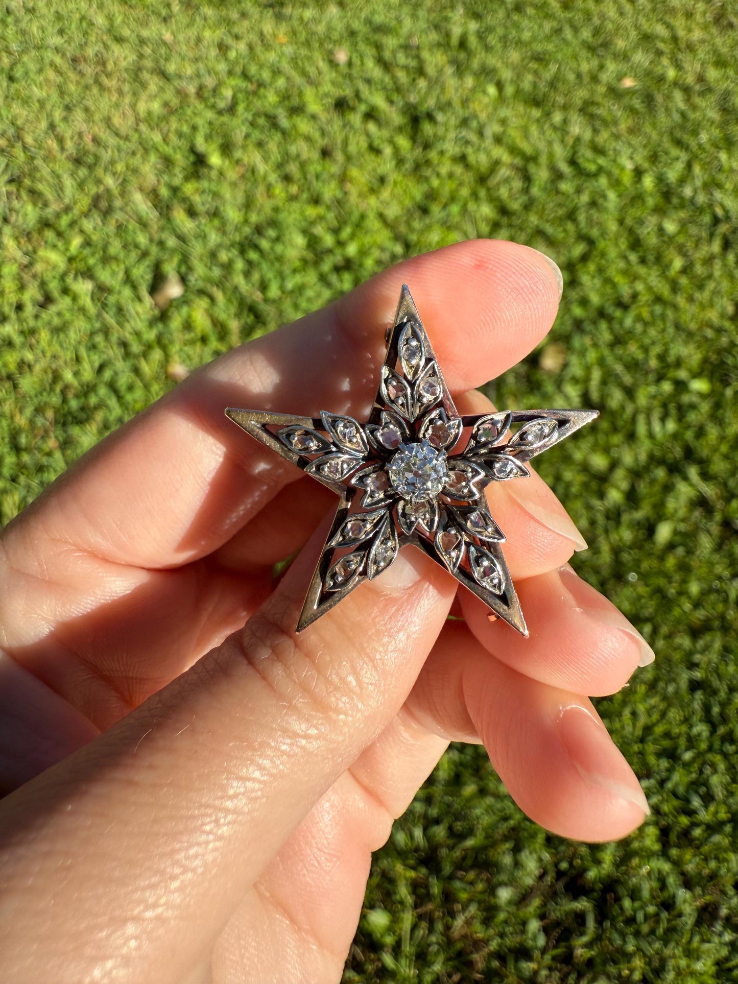 STAR Large Antique 20 Rose Cut & Center Old Mine Cut DIAMOND Leaf Cluster Brooch for PENDANT 18k Gold Silver Pin Victorian Gift Belle Epoque