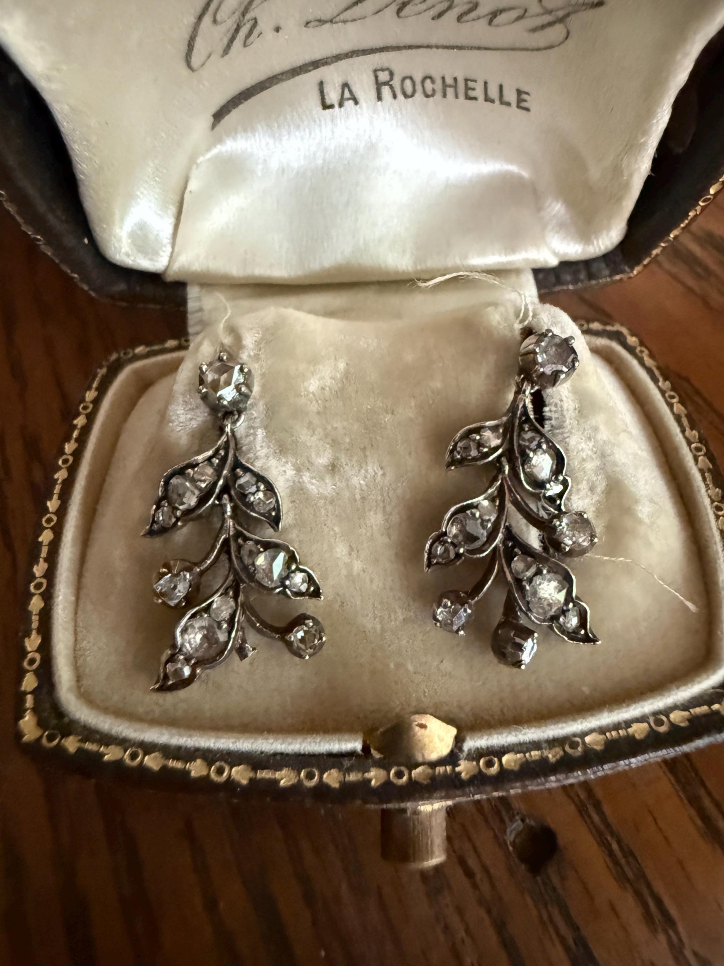 Leaf Rose Cut DIAMOND Dangle Figural Earrings 18k Gold Silver Ornate Three Part Drops Floral Leaf Victorian Georgian Bridal Something Old