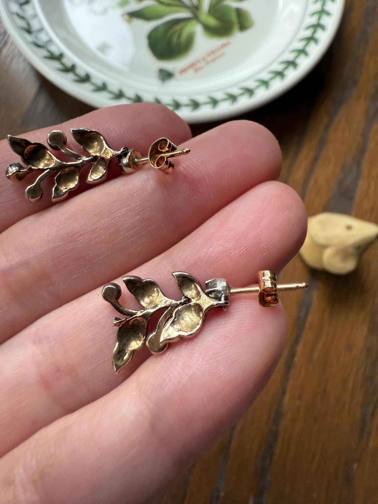 Leaf Rose Cut DIAMOND Dangle Figural Earrings 18k Gold Silver Ornate Three Part Drops Floral Leaf Victorian Georgian Bridal Something Old