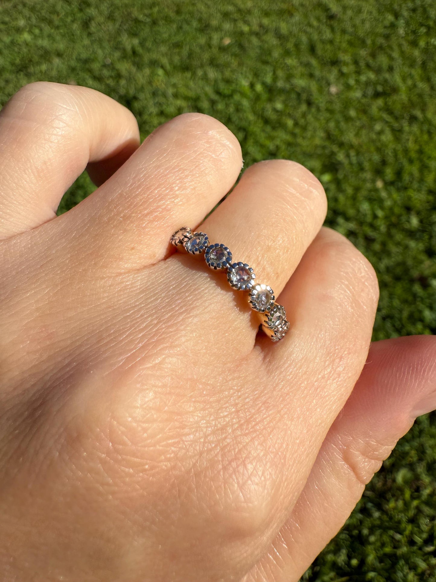 Seven Stone Open Backed Rose Cut DIAMOND Half Hoop Eternity 18k Gold Ring Stacker Tall Antique Style Splayed Skinny Wedding Anniversary Gift