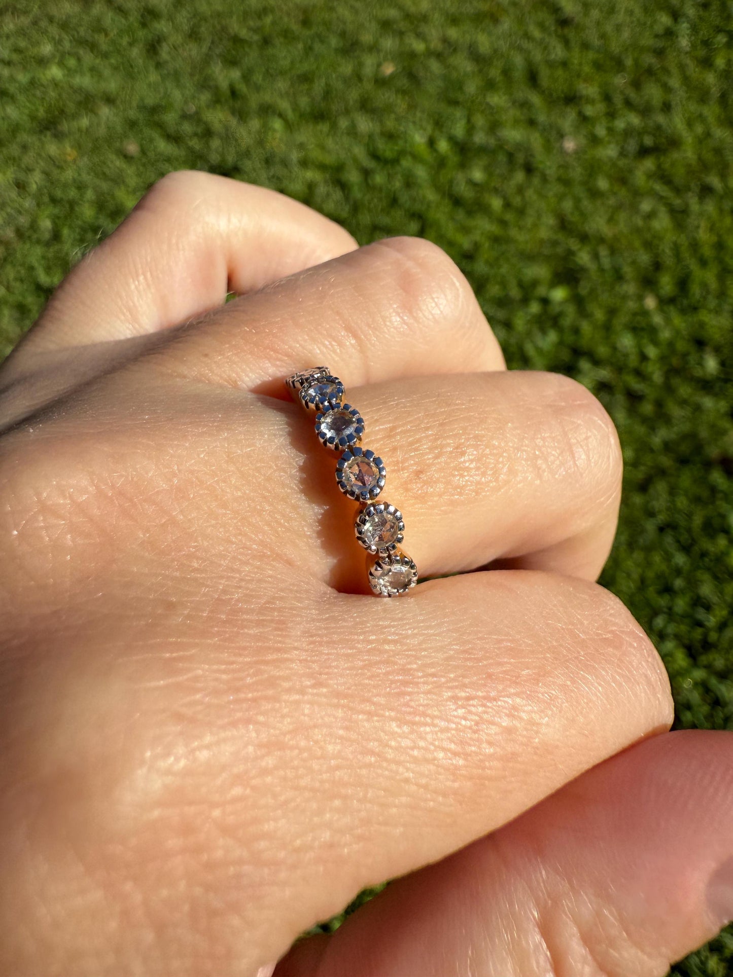 Seven Stone Open Backed Rose Cut DIAMOND Half Hoop Eternity 18k Gold Ring Stacker Tall Antique Style Splayed Skinny Wedding Anniversary Gift